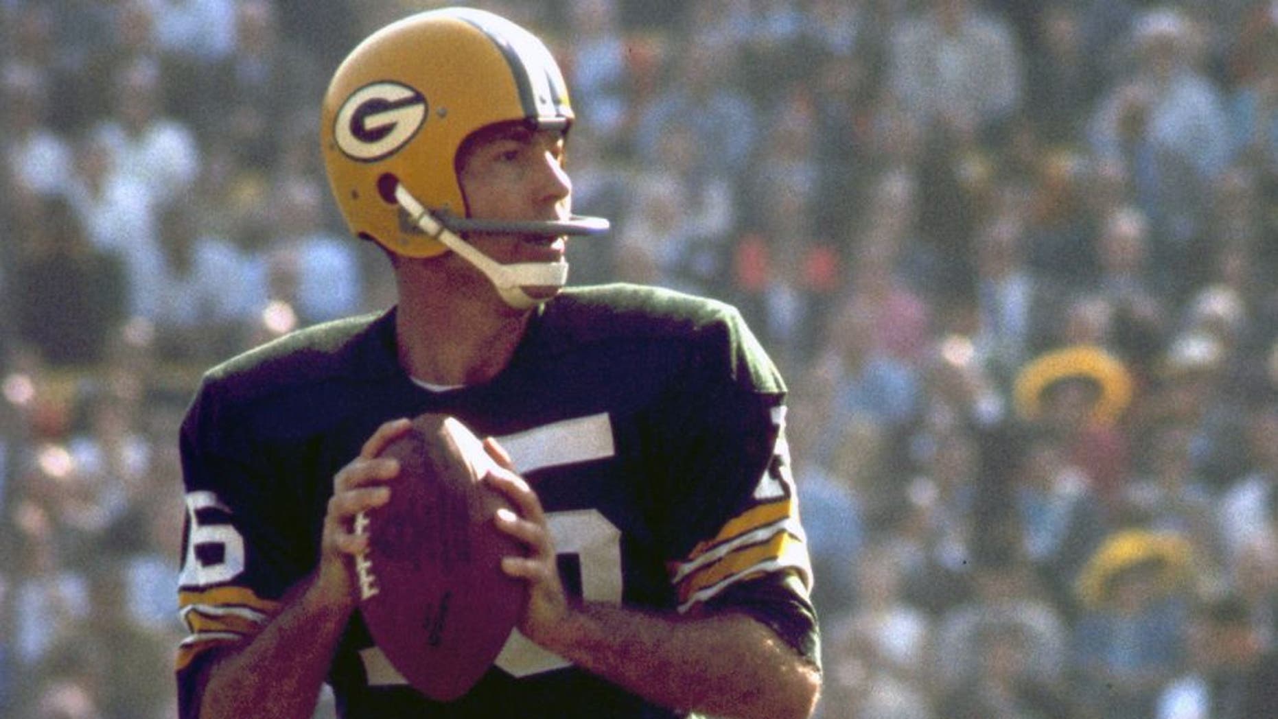 Green Bay Packers Hall of Fame quarterback Bart Starr (15) surveys the field during Super Bowl I, a 35-10 victory over the Kansas City Chiefs on January 15, 1967, at the Los Angeles Memorial Coliseum in Los Angeles, California. (Photo by James Flores/Getty Images)