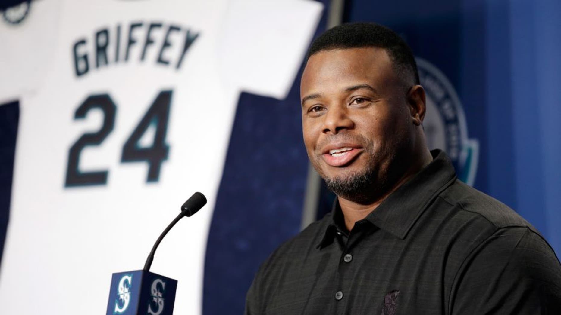 Ken Griffey Jr. speaks at a news conference Friday, Jan. 8, 2016, in Seattle. Griffey's Hall of Fame whirlwind came back to where it all started, when he spoke at Safeco Field, the stadium built in part because of him. (AP Photo/Elaine Thompson)