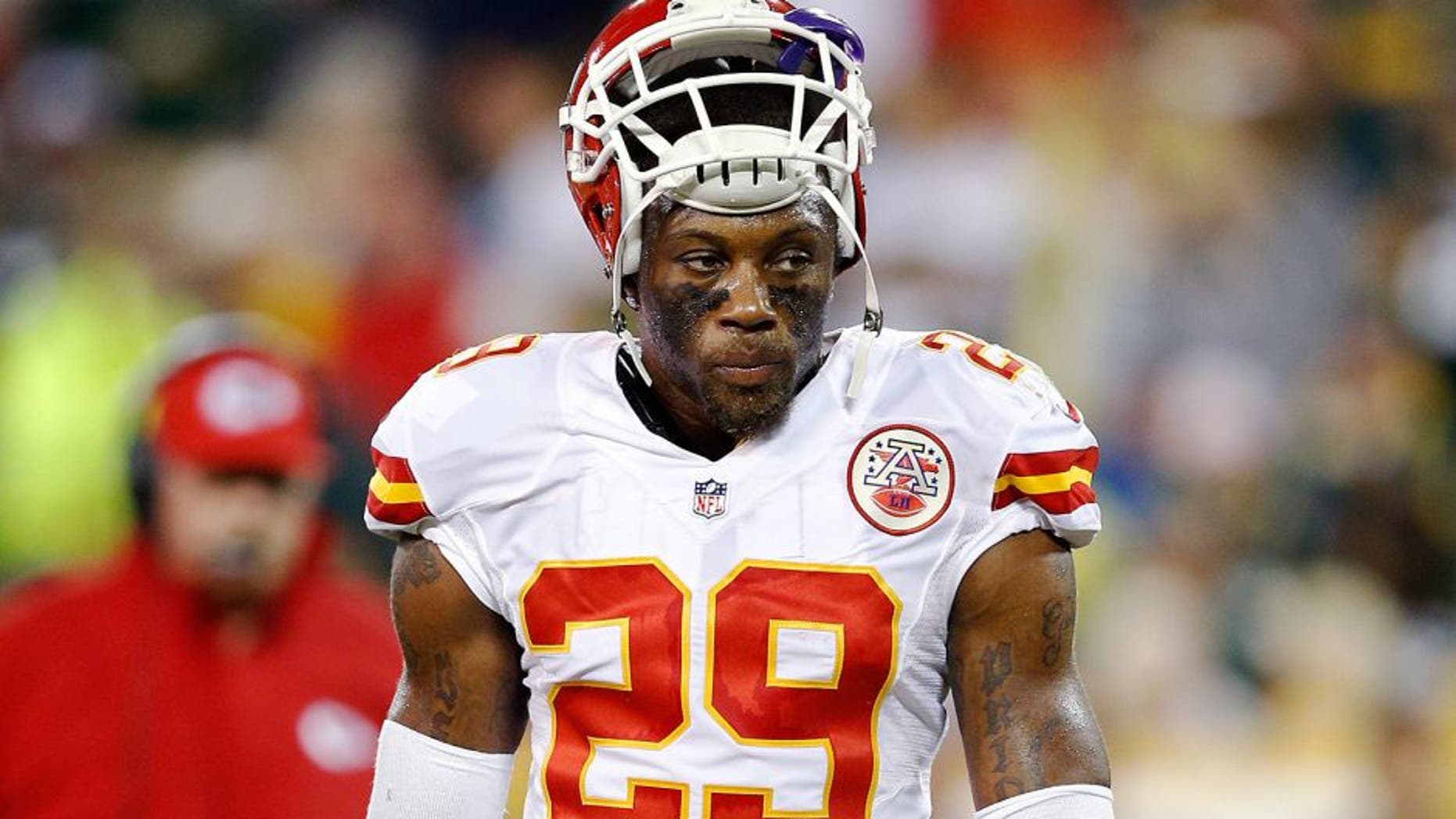 GREEN BAY, WI - SEPTEMBER 28: Eric Berry #29 of the Kansas City Chiefs looks on against the Green Bay Packers during a game at Lambeau Field on September 28, 2015 in Green Bay, Wisconsin. The Packers defeated the Chiefs 38-28. (Photo by Joe Robbins/Getty Images)