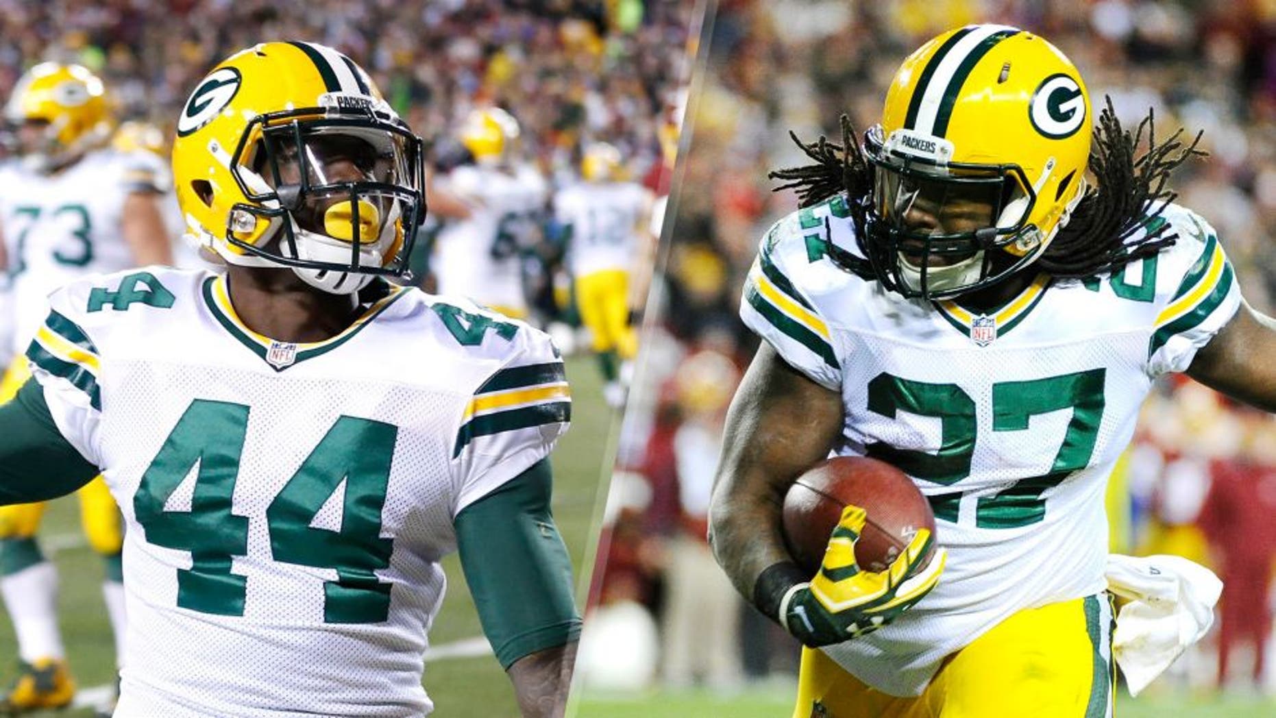 Jan 10, 2016; Landover, MD, USA; Green Bay Packers running back Eddie Lacy (27) carries the ball against the Washington Redskins during the second half in a NFC Wild Card playoff football game at FedEx Field. Mandatory Credit: Brad Mills-USA TODAY Sports Jan 10, 2016; Landover, MD, USA; Green Bay Packers running back James Starks (44) celebrates after scoring a touchdown against the Washington Redskins during the second half in a NFC Wild Card playoff football game at FedEx Field. Mandatory Credit: Geoff Burke-USA TODAY Sports