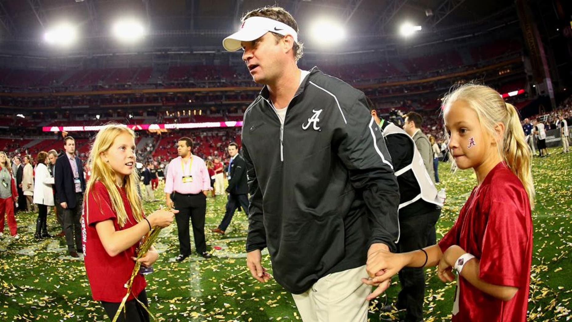GLENDALE, AZ - JANUARY 11: Offensive coordinator Lane Kiffin of the Alabama Crimson Tide celebrates after defeating the Clemson Tigers in the 2016 College Football Playoff National Championship Game at University of Phoenix Stadium on January 11, 2016 in Glendale, Arizona. The Crimson Tide defeated the Tigers with a score of 45 to 40. (Photo by Ronald Martinez/Getty Images)