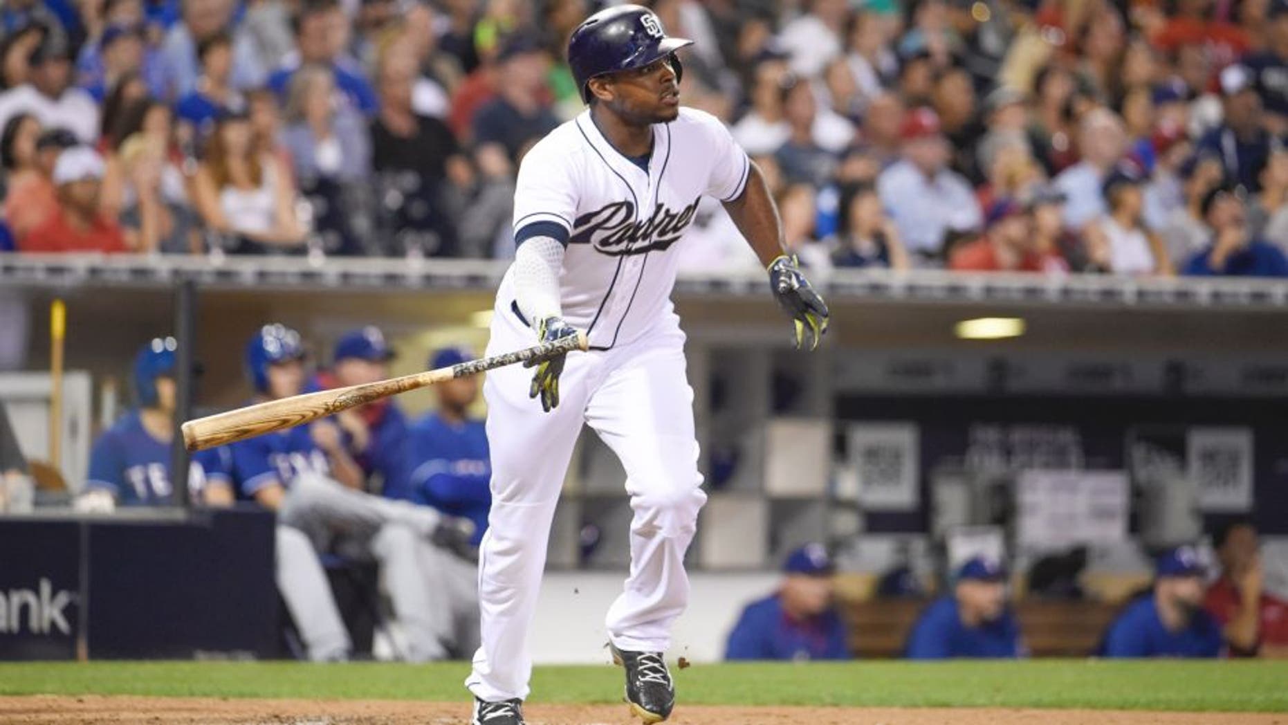 SAN DIEGO, CA - AUGUST 31: Justin Upton #10 of the San Diego Padres plays during a baseball game against the Texas Rangers at Petco Park August, 31, 2015 in San Diego, California. (Photo by Denis Poroy/Getty Images)
