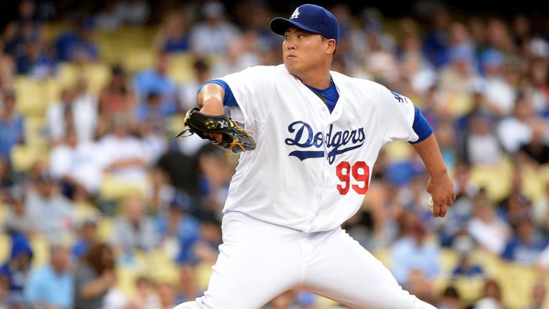 LOS ANGELES, CA - AUGUST 02: Hyun-Jin Ryu #99 of the Los Angeles Dodgers pitches against the Chicago Cubs during the first inning at Dodger Stadium on August 2, 2014 in Los Angeles, California. (Photo by Harry How/Getty Images)