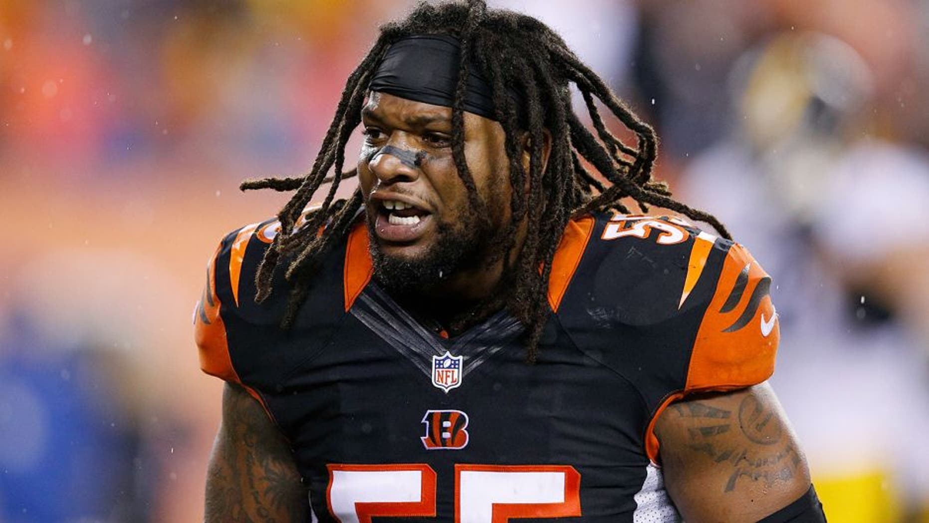CINCINNATI, OH - JANUARY 9: Vontaze Burfict #55 of the Cincinnati Bengals argues in the second half of the AFC Wild Card Playoff game against the Pittsburgh Steelers at Paul Brown Stadium on January 9, 2016 in Cincinnati, Ohio. The Steelers defeated the Bengals 18-16. (Photo by Joe Robbins/Getty Images)