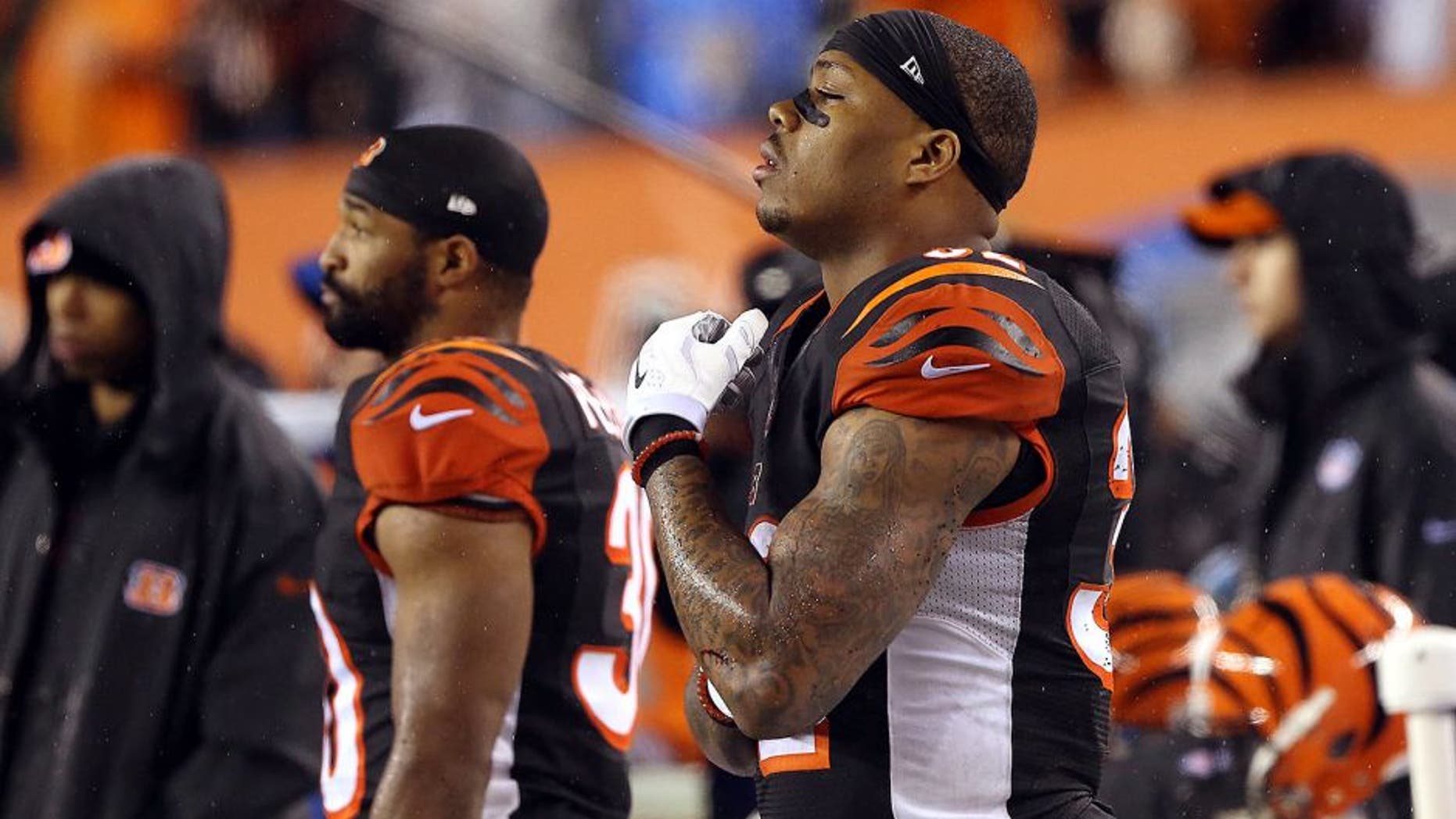 Jan 9, 2016; Cincinnati, OH, USA; Cincinnati Bengals running back Jeremy Hill (32) reacts on the sideline during the fourth quarter against the Pittsburgh Steelers in the AFC Wild Card playoff football game at Paul Brown Stadium. Mandatory Credit: Aaron Doster-USA TODAY Sports