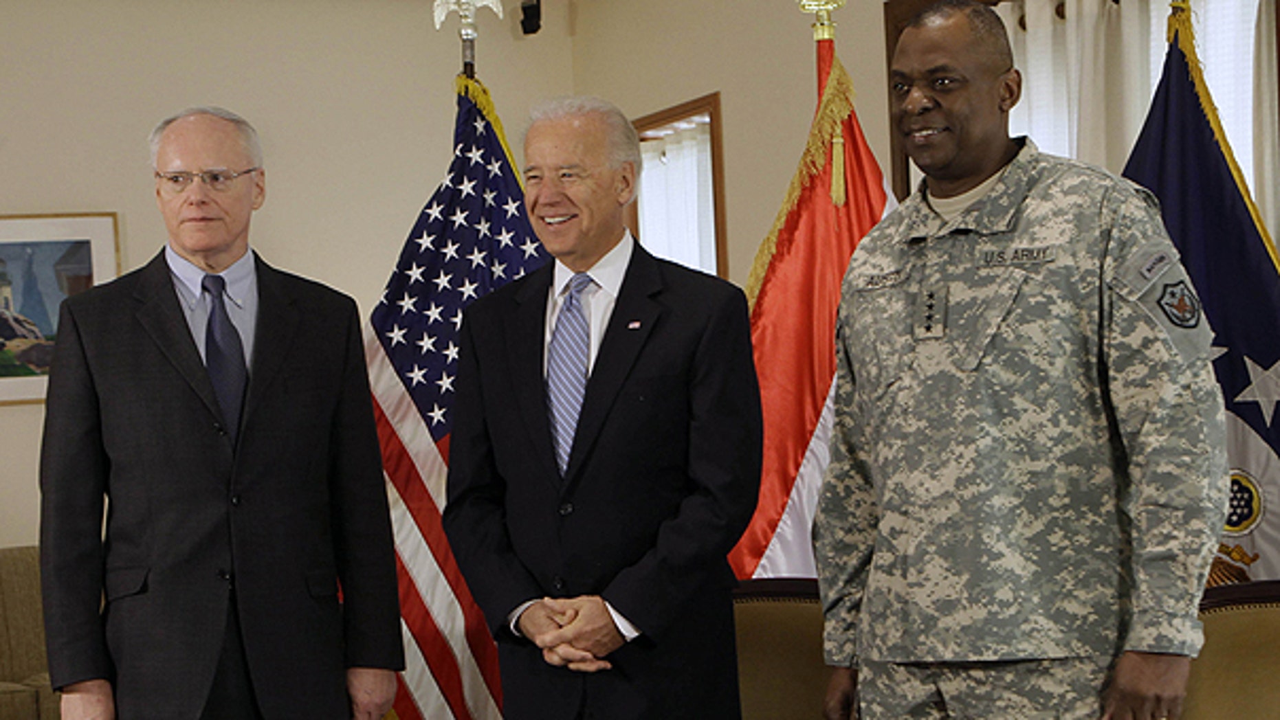 Jan. 13: U.S. Vice President Joe Biden, center, is seen with Ambassador to Iraq James F. Jeffrey, left, and Gen. Lloyd Austin, the top U.S. commander in Iraq, in Baghdad, Iraq.