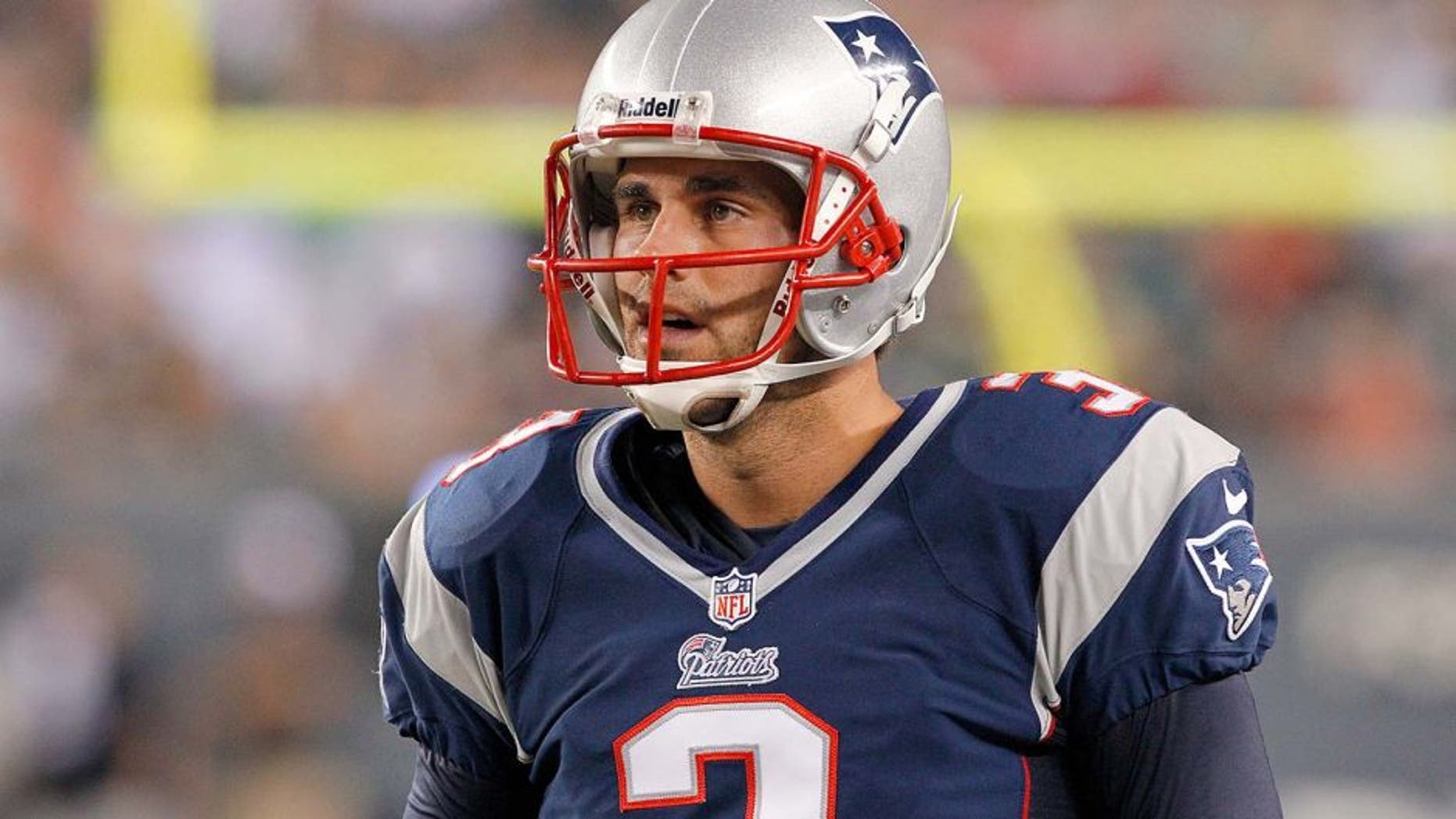 PHILADELPHIA - AUGUST 9: Kicker Stephen Gostkowski #3 of the New England Patriots stands on the sideline during a preseason game against the Philadelphia Eagles on August 9, 2013 at Lincoln Financial Field in Philadelphia, Pennsylvania. The Patriots won 31-22. (Photo by Hunter Martin/Philadelphia Eagles/Getty Images)