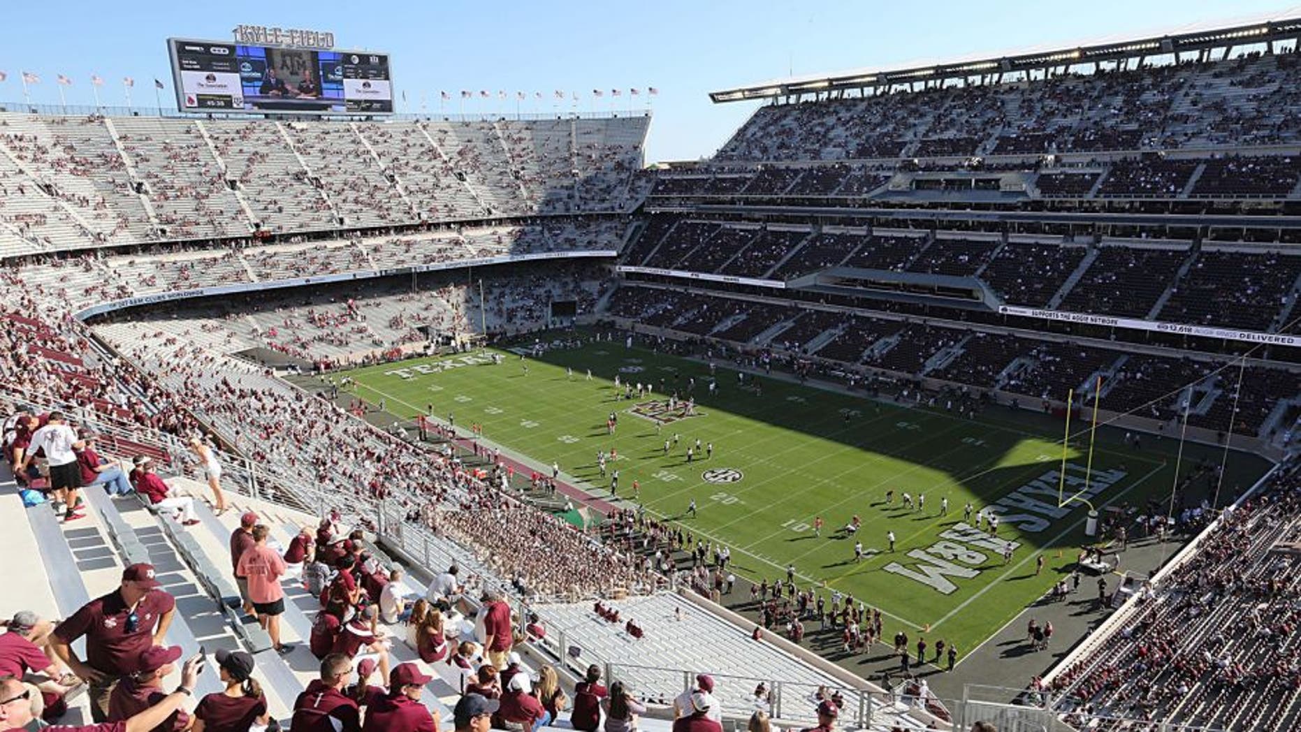 Sep 12, 2015; College Station, TX, USA; A general view while the Texas A&M Aggies and Ball State Cardinals warm up prior to the game at Kyle Field. Mandatory Credit: Thomas B. Shea-USA TODAY Sports