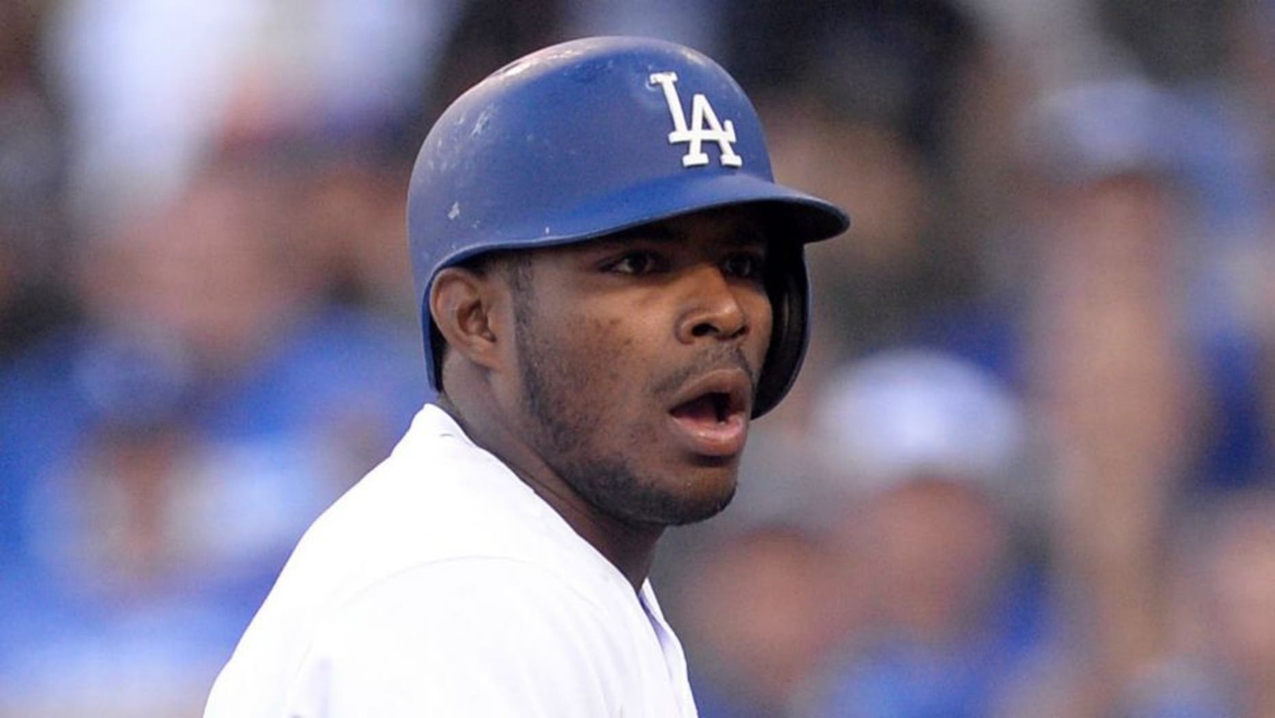 Yasiel Puig is 7 for 15 with six RBIs in the Dodgers' first four playoff games. He is pictured during a game in Los Angeles, Oct. 11, 2016.
