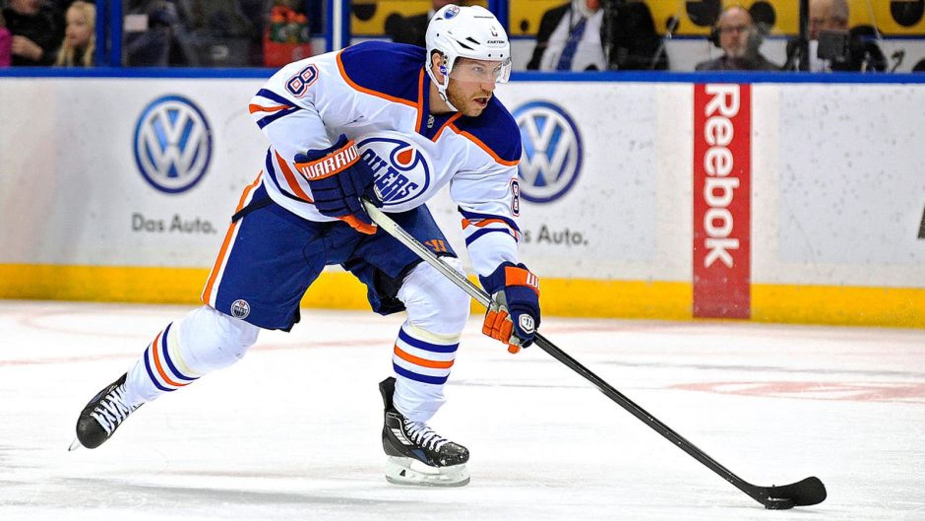 Jan 13, 2015; St. Louis, MO, USA; Edmonton Oilers center Derek Roy (8) handles the puck against the St. Louis Blues during the first period at Scottrade Center. Mandatory Credit: Jeff Curry-USA TODAY Sports