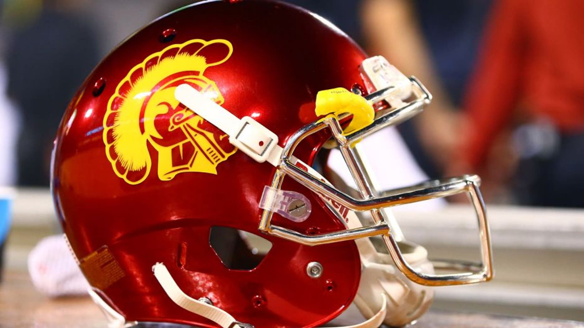 Sep 26, 2015; Tempe, AZ, USA; Detailed view of a Southern California Trojans helmet against the Arizona State Sun Devils at Sun Devil Stadium. Mandatory Credit: Mark J. Rebilas-USA TODAY Sports