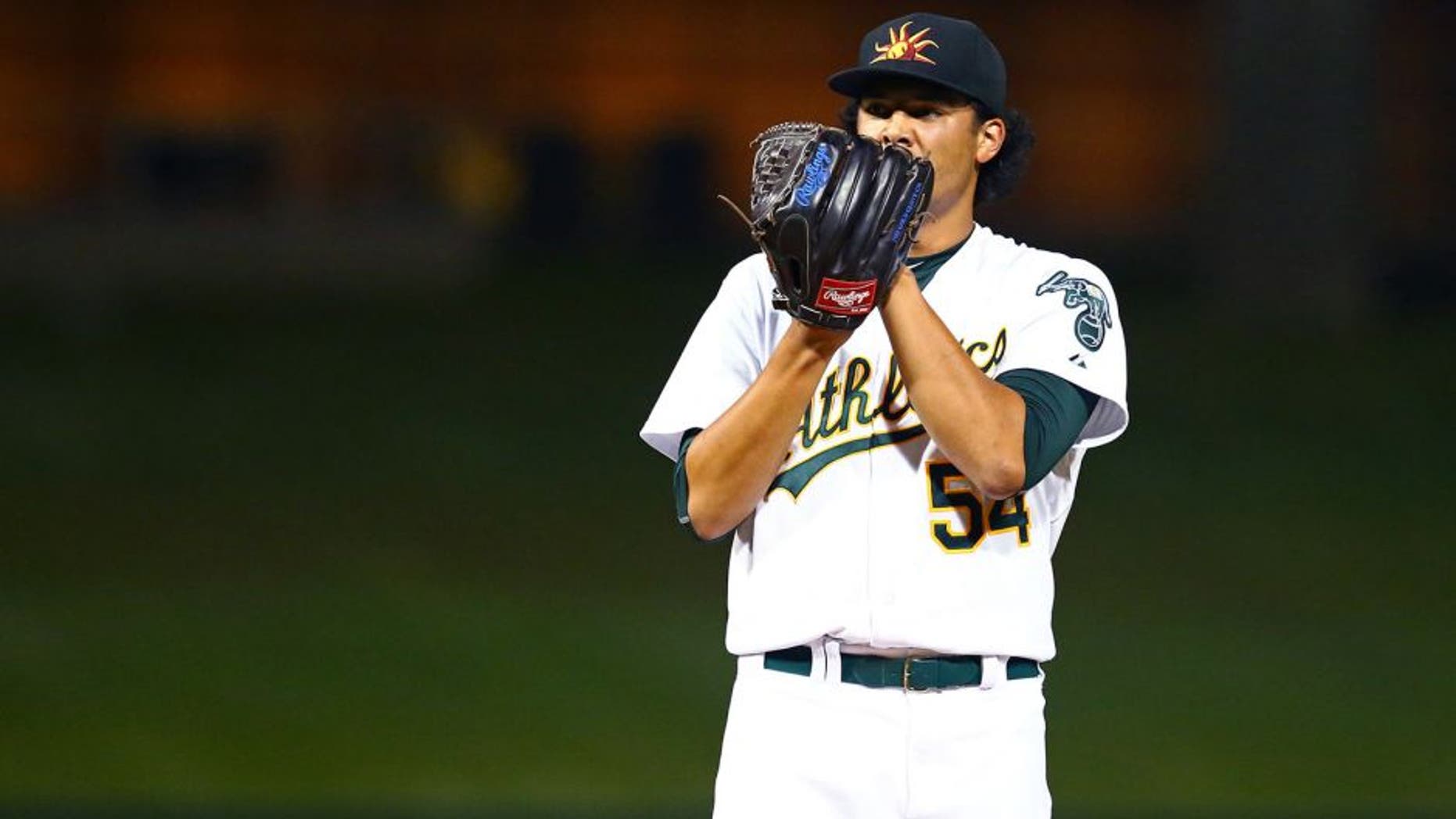 Nov 7, 2015; Phoenix, AZ, USA; Oakland Athletics pitcher Sean Manaea during the Arizona Fall League Fall Stars game at Salt River Fields. Mandatory Credit: Mark J. Rebilas-USA TODAY Sports