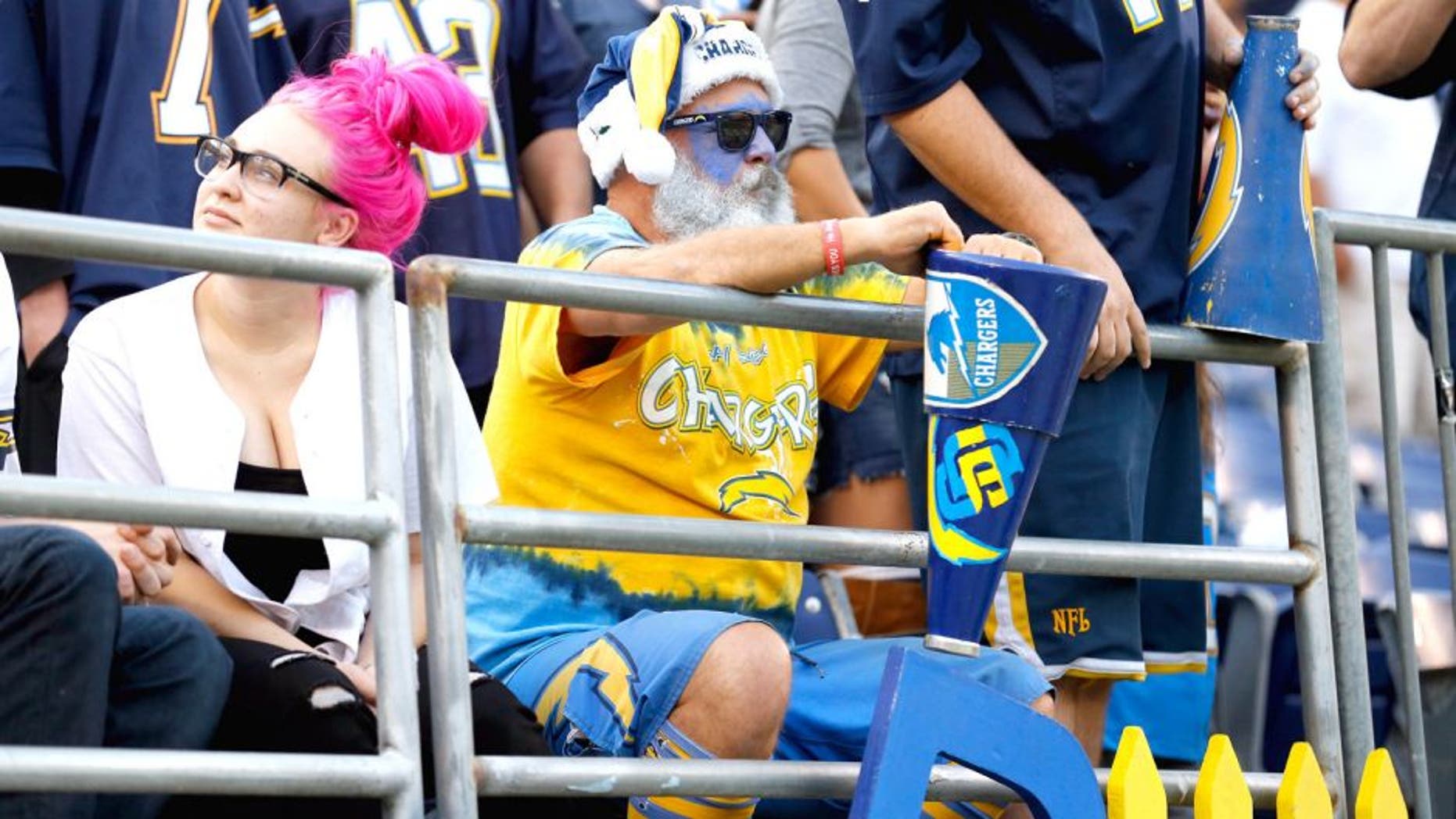 SAN DIEGO, CA - DECEMBER 06: A San Diego Chargers fan sits in the stadium after a game against the Denver Broncos. at Qualcomm Stadium on December 6, 2015 in San Diego, California. The Denver Broncos won 17-3. (Photo by Sean M. Haffey/Getty Images)
