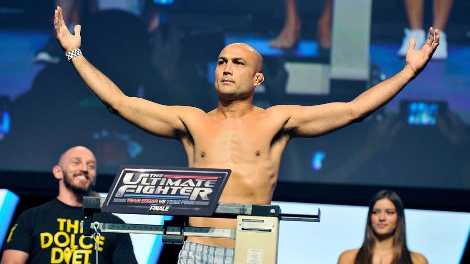 LAS VEGAS, NV - JULY 05: Mixed martial artist BJ Penn poses on the scale during the TUF 19 Finale weigh-in at the Mandalay Bay Convention Center on July 5, 2014 in Las Vegas, Nevada. (Photo by David Becker/Zuffa LLC/Zuffa LLC via Getty Images)
