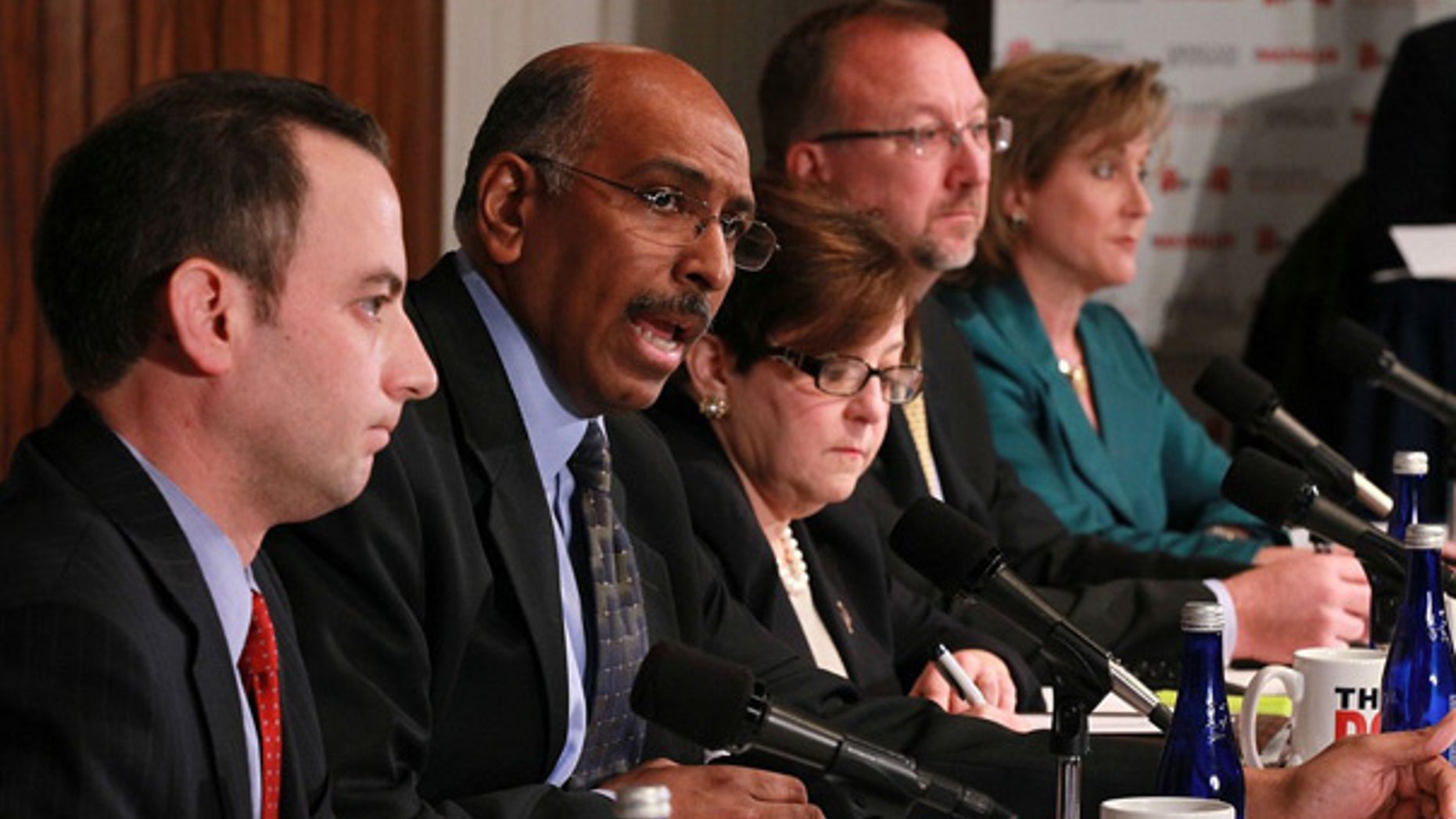 Jan. 3: RNC chairman candidates Reince Priebus, left, current chairman Michael Steele, Maria Cino, Saul Anuzis and Ann Wagner debate in Washington.