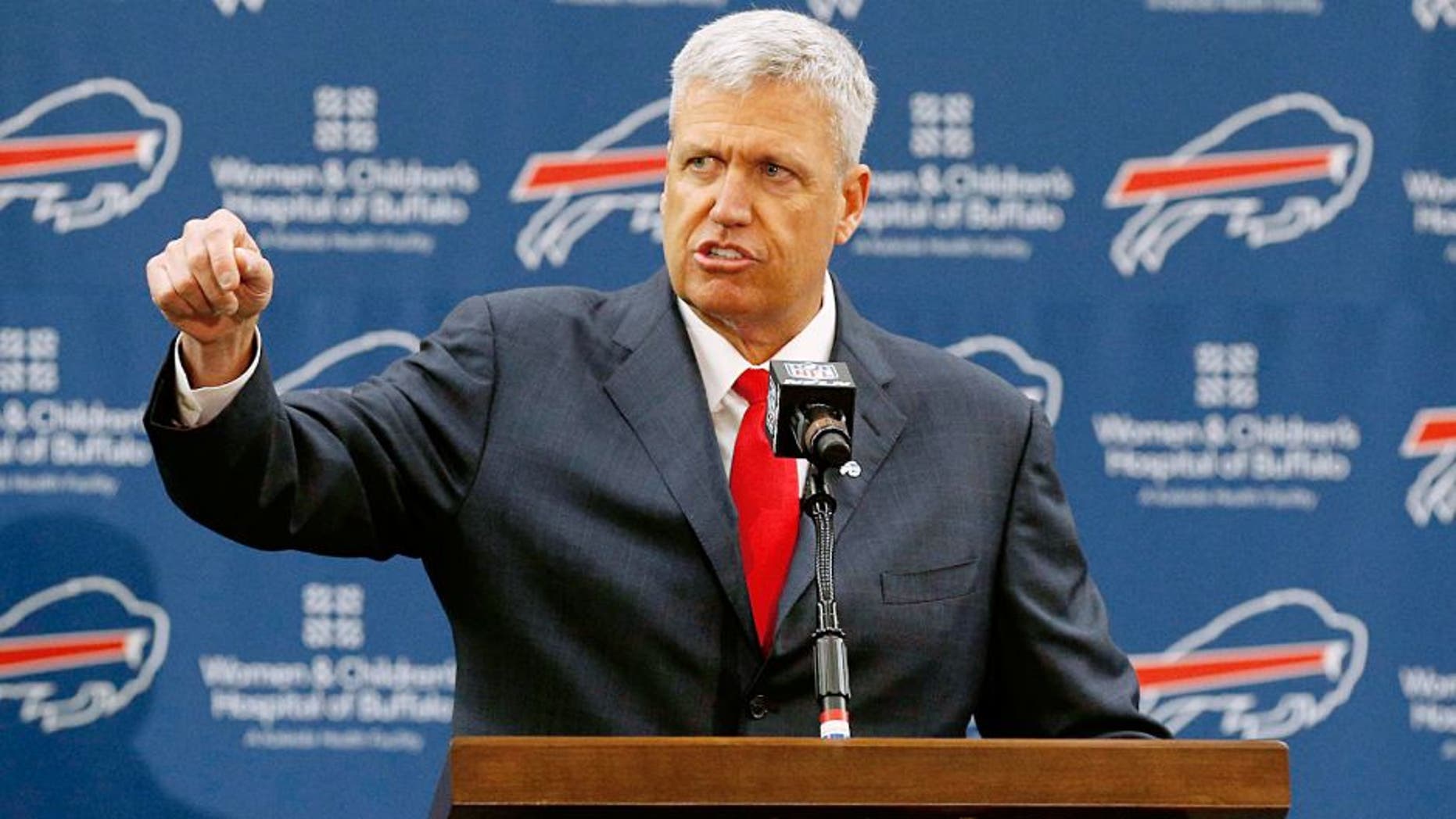 Jan 14, 2015; Orchard Park, NY, USA; Buffalo Bills head coach Rex Ryan speaks during a press conference at ADPRO Sports Training Center. Mandatory Credit: Kevin Hoffman-USA TODAY Sports