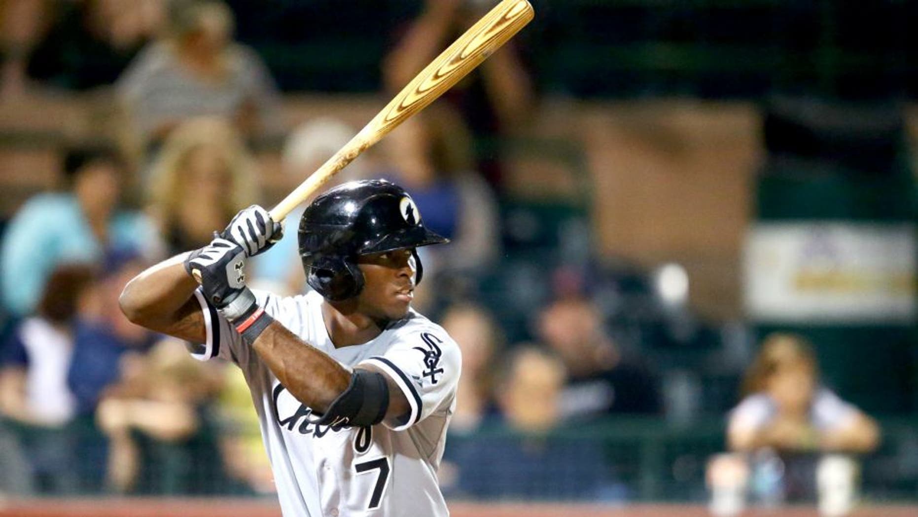 Oct. 10, 2014; Scottsdale, AZ, USA; Chicago White Sox infielder Tim Anderson plays for the Glendale Desert Dogs against the Scottsdale Scorpions during an Arizona Fall League game at Cubs Park. Mandatory Credit: Mark J. Rebilas-USA TODAY Sports