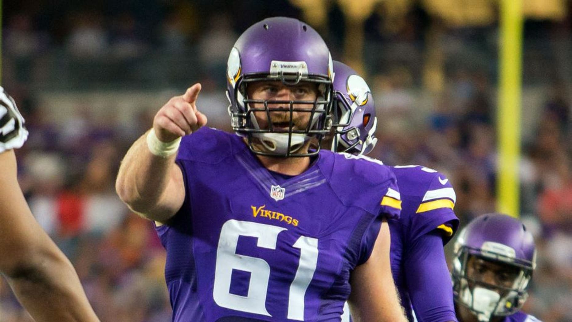 Aug 22, 2015; Minneapolis, MN, USA; Minnesota Vikings offensive lineman Joe Berger (61) in the second quarter against the Oakland Raiders at TCF Bank Stadium. Mandatory Credit: Brad Rempel-USA TODAY Sports