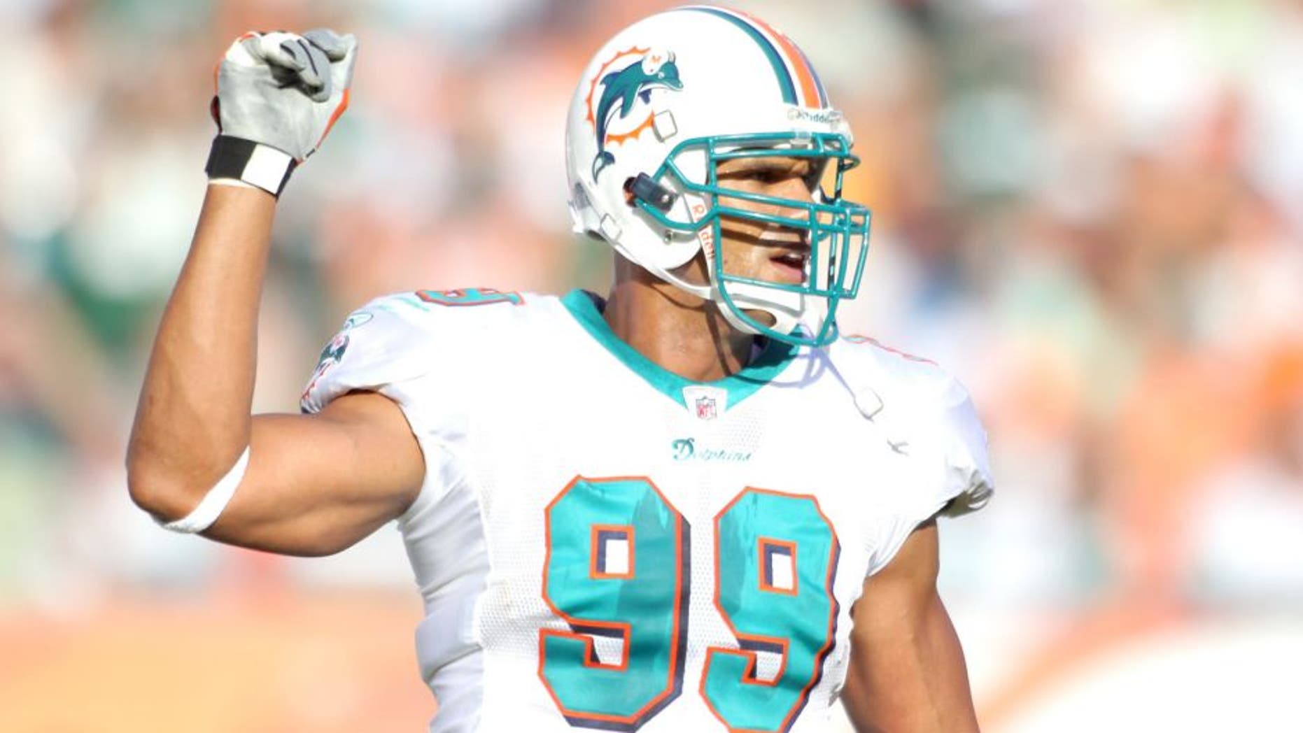 MIAMI GARDENS, FL - JANUARY 01: Defensive end Jason Taylor #99 of the Miami Dolphins celebrates against the New York Jets at Sun Life Stadium on January 1, 2012 in Miami Gardens, Florida. The Dolphins defeated the Jets 19-17. (Photo by Marc Serota/Getty Images)