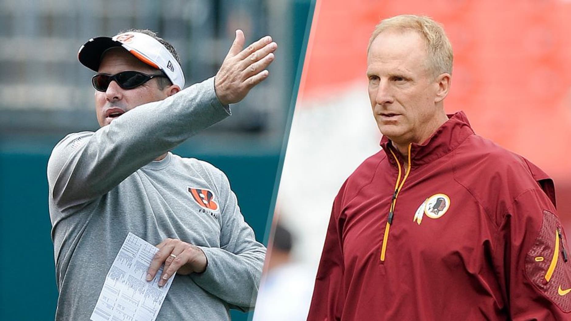 AJ McCarron #5 of the Cincinnati Bengals listens to quarterbacks coach Ken Zampese during an organized team activity (OTA) workout at Paul Brown Stadium on June 3, 2014 in Cincinnati, Ohio. (Photo by Joe Robbins/Getty Images) Defensive Coordinator Jim Haslett of the Washington Redskins watches the teams warm up before the game against the Detroit Lions at FedExField on September 22, 2013 in Landover, Maryland. (Photo by G Fiume/Getty Images)