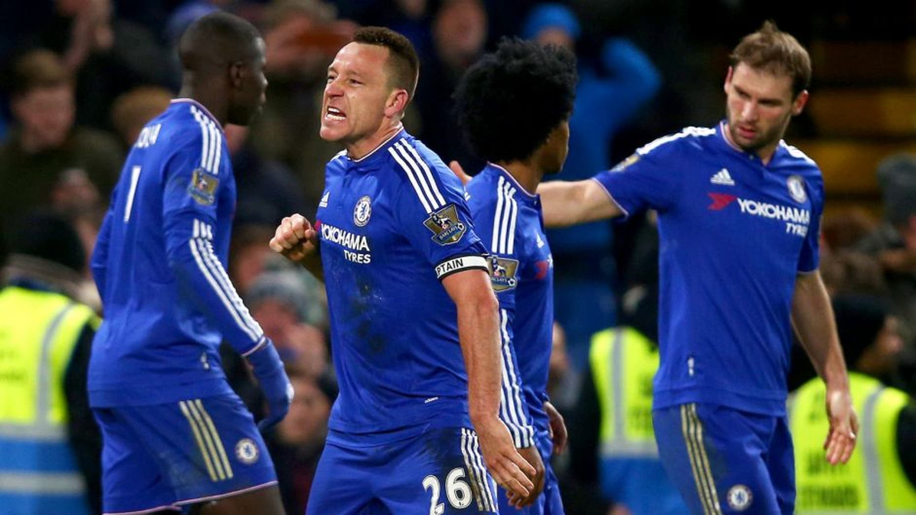 LONDON, ENGLAND - JANUARY 16: John Terry of Chelsea celebrates scoring his team's third goal during the Barclays Premier League match between Chelsea and Everton at Stamford Bridge on January 16, 2016 in London, England. (Photo by Clive Rose/Getty Images)