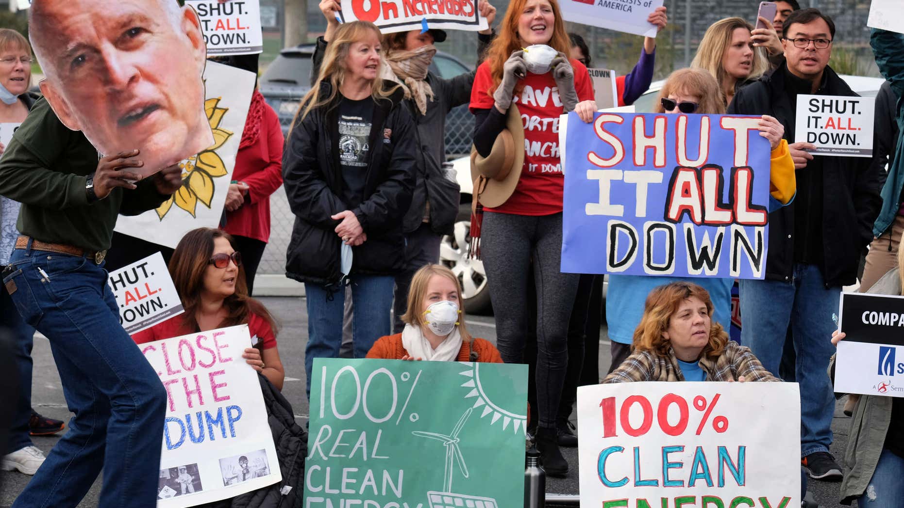 Jan. 16, 2016: Protestors carry a photo of California's governor Jerry Brown and demand a shut down of the Southern California Gas Company's Aliso Canyon Storage Facility near Porter Ranch in Los Angeles.