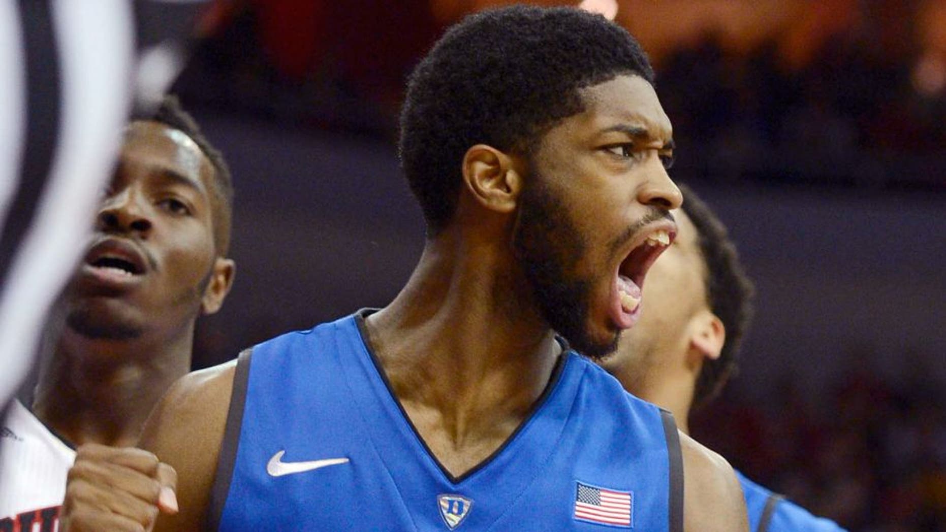 Jan 17, 2015; Louisville, KY, USA; Duke Blue Devils forward Amile Jefferson (21) reacts during the first half against the Louisville Cardinals at KFC Yum! Center. Mandatory Credit: Jamie Rhodes-USA TODAY Sports