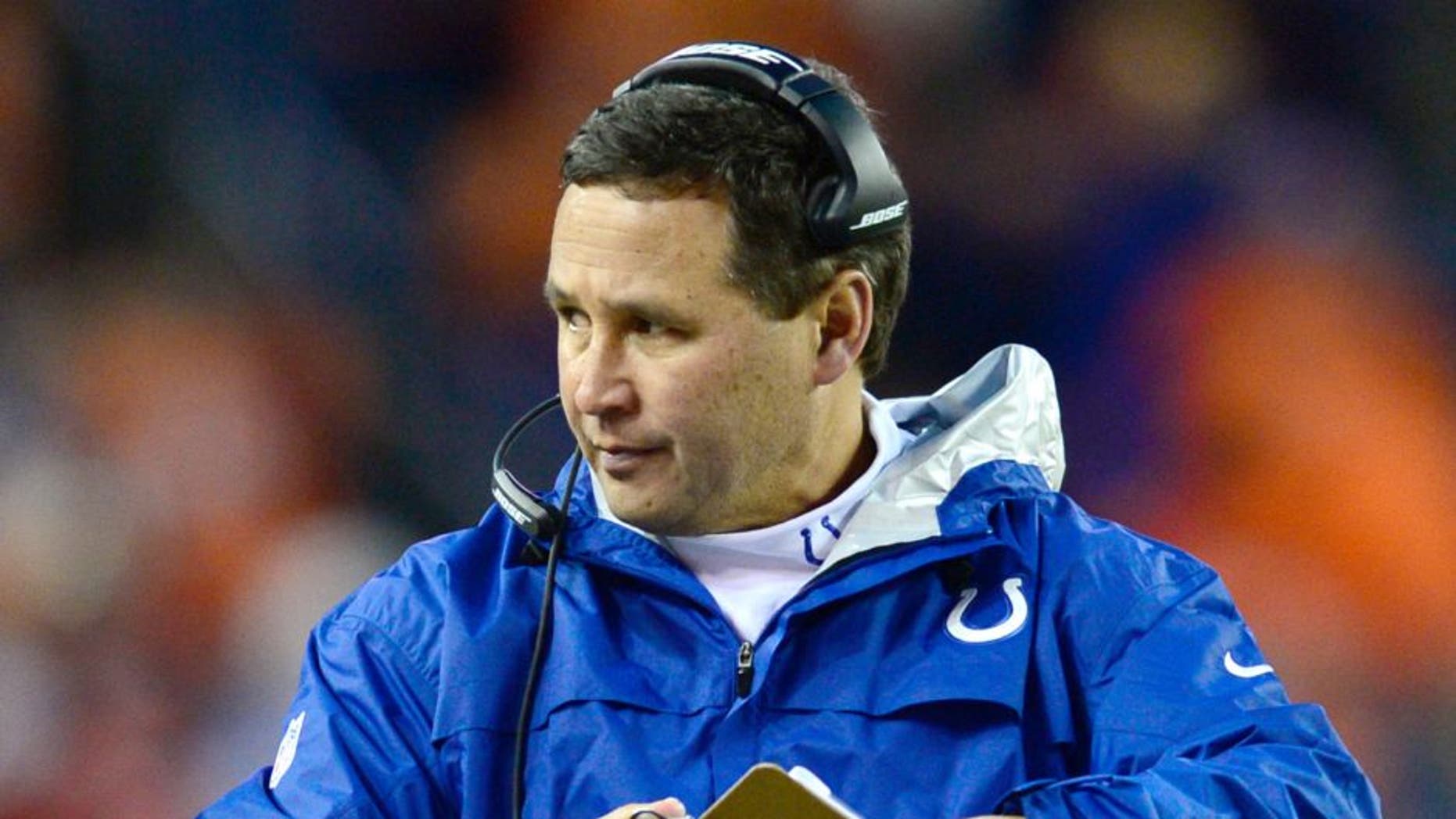 Jan 11, 2015; Denver, CO, USA; Indianapolis Colts quarterbacks coach Clyde Christensen during the third quarter of the 2014 AFC Divisional playoff football game against the Denver Broncos at Sports Authority Field at Mile High. Mandatory Credit: Ron Chenoy-USA TODAY Sports