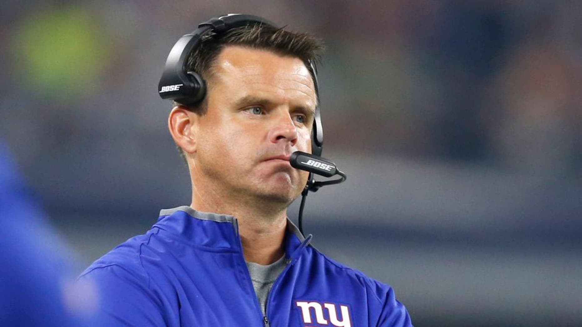 Sep 13, 2015; Arlington, TX, USA; New York Giants wide receivers coach Sean Ryan on the sidelines against the Dallas Cowboys at AT&T Stadium. Mandatory Credit: Matthew Emmons-USA TODAY Sports