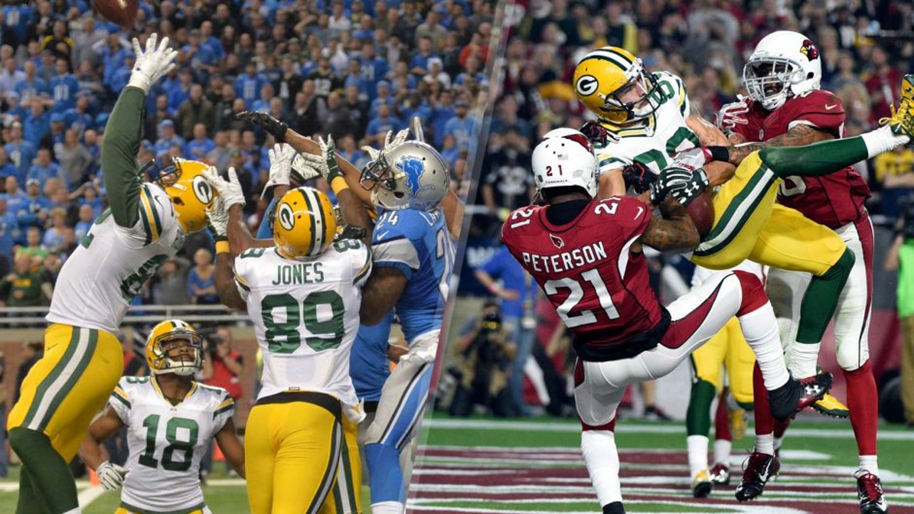 January 16, 2016; Glendale, AZ, USA; Green Bay Packers wide receiver Jeff Janis (83) catches a touchdown pass against Arizona Cardinals cornerback Patrick Peterson (21) and free safety Rashad Johnson (26) during the second half in a NFC Divisional round playoff game at University of Phoenix Stadium. Mandatory Credit: Kyle Terada-USA TODAY Sports Dec 3, 2015; Detroit, MI, USA; Green Bay Packers tight end Richard Rodgers (82) catches a 61-yard touchdown pass with no time remaining during an NFL football game against the Detroit Lions at Ford Field. The Packers defeated the Lions 27-23. Mandatory Credit: Kirby Lee-USA TODAY Sports