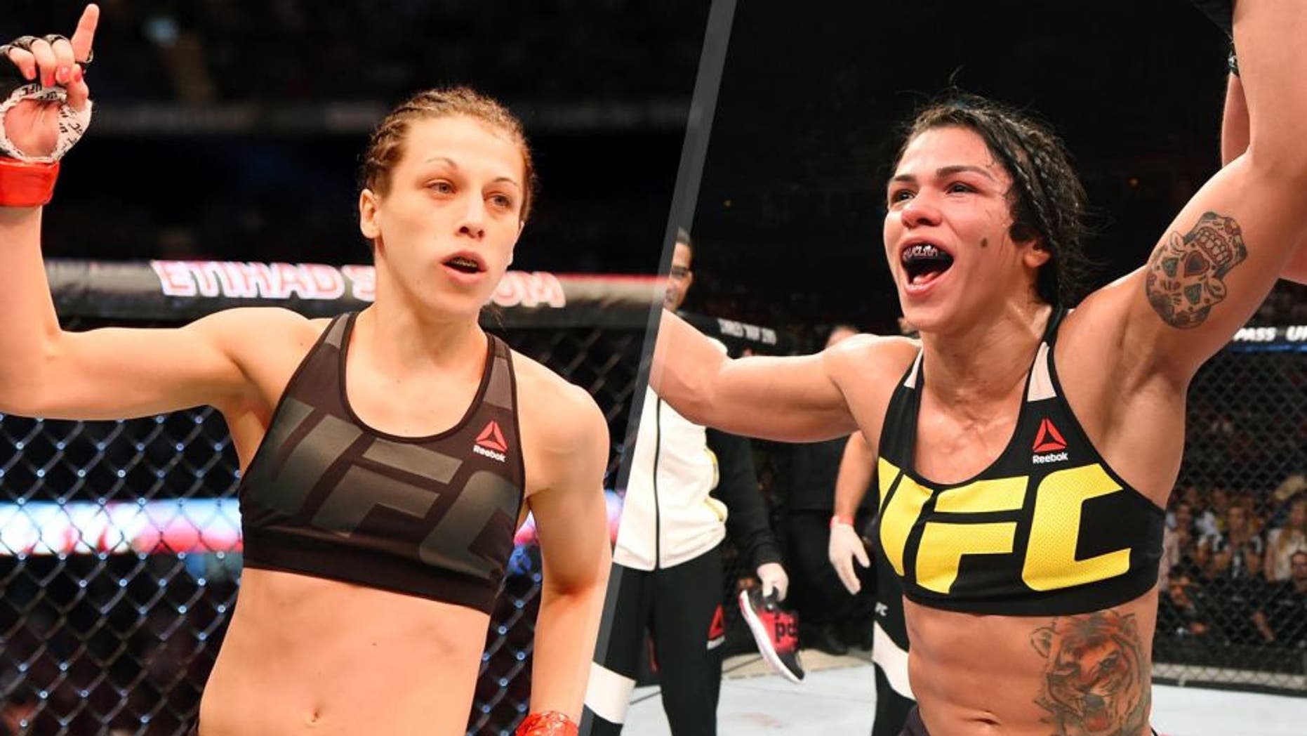 MELBOURNE, AUSTRALIA - NOVEMBER 15: Joanna Jedrzejczyk holds up one finger from the Octagon before facing Valerie Letourneau (not pictured) in their UFC women's strawweight championship bout during the UFC 193 event at Etihad Stadium on November 15, 2015 in Melbourne, Australia. (Photo by Josh Hedges/Zuffa LLC/Zuffa LLC via Getty Images) RIO DE JANEIRO, BRAZIL - AUGUST 01: Claudia Gadelha of Brazil celebrates her victory over Jessica Aguilar of the United States in their women's strawweight bout during the UFC 190 event inside HSBC Arena on August 1, 2015 in Rio de Janeiro, Brazil. (Photo by Josh Hedges/Zuffa LLC/Zuffa LLC via Getty Images)