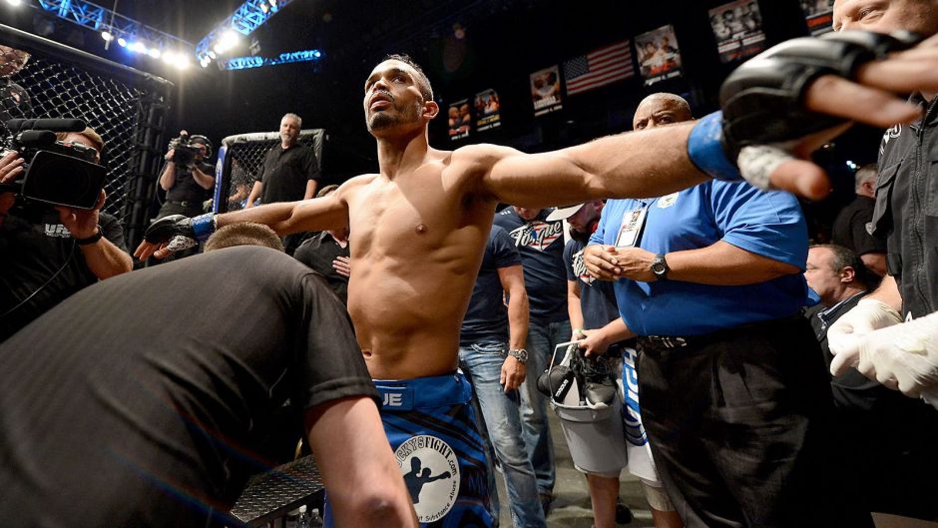LAS VEGAS, NV - JULY 05: Rob Font prepares to enter the Octagon in his bantamweight fight against George Roop at UFC 175 inside the Mandalay Bay Events Center on July 5, 2014 in Las Vegas, Nevada. (Photo by Donald Miralle/Zuffa LLC/Zuffa LLC via Getty Images)