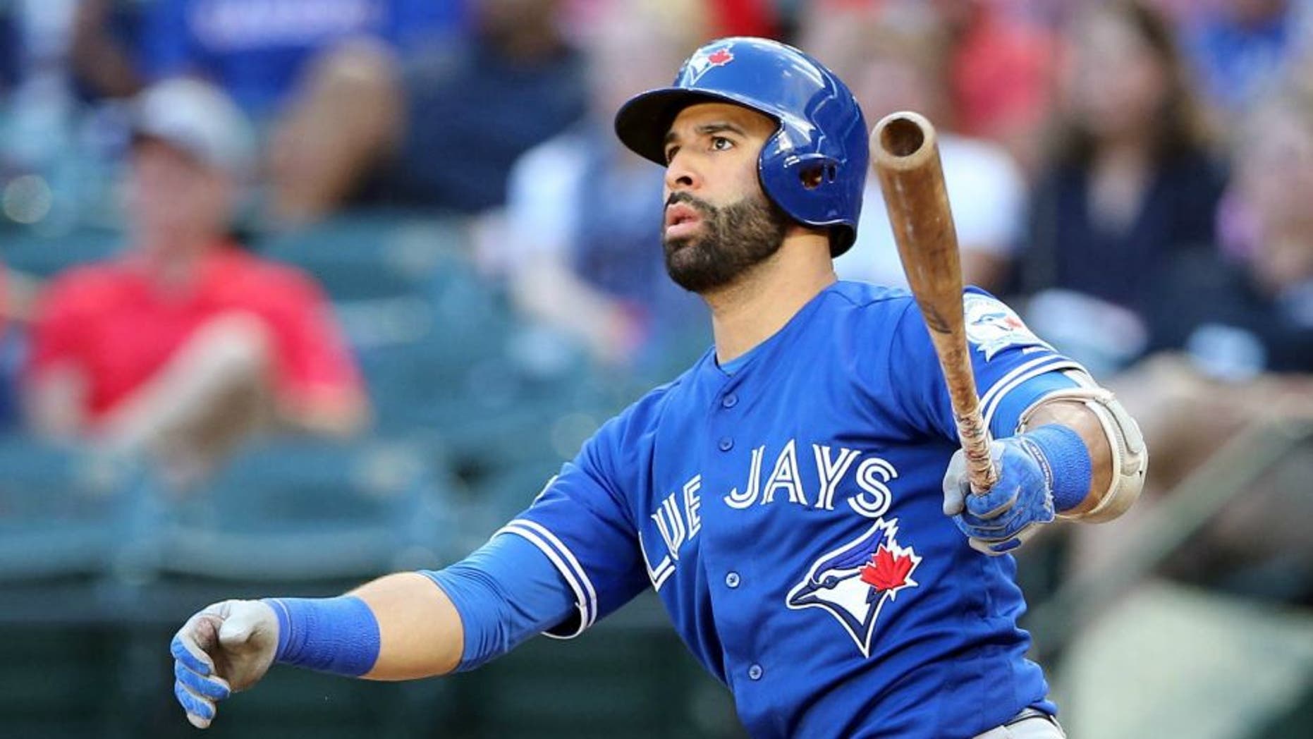 October 6, 2016; Arlington, TX, USA; Toronto Blue Jays right fielder Jose Bautista (19) hits a three run home run in the ninth inning against the Texas Rangers during game one of the 2016 ALDS playoff baseball game at Globe Life Park in Arlington. Mandatory Credit: Kevin Jairaj-USA TODAY Sports