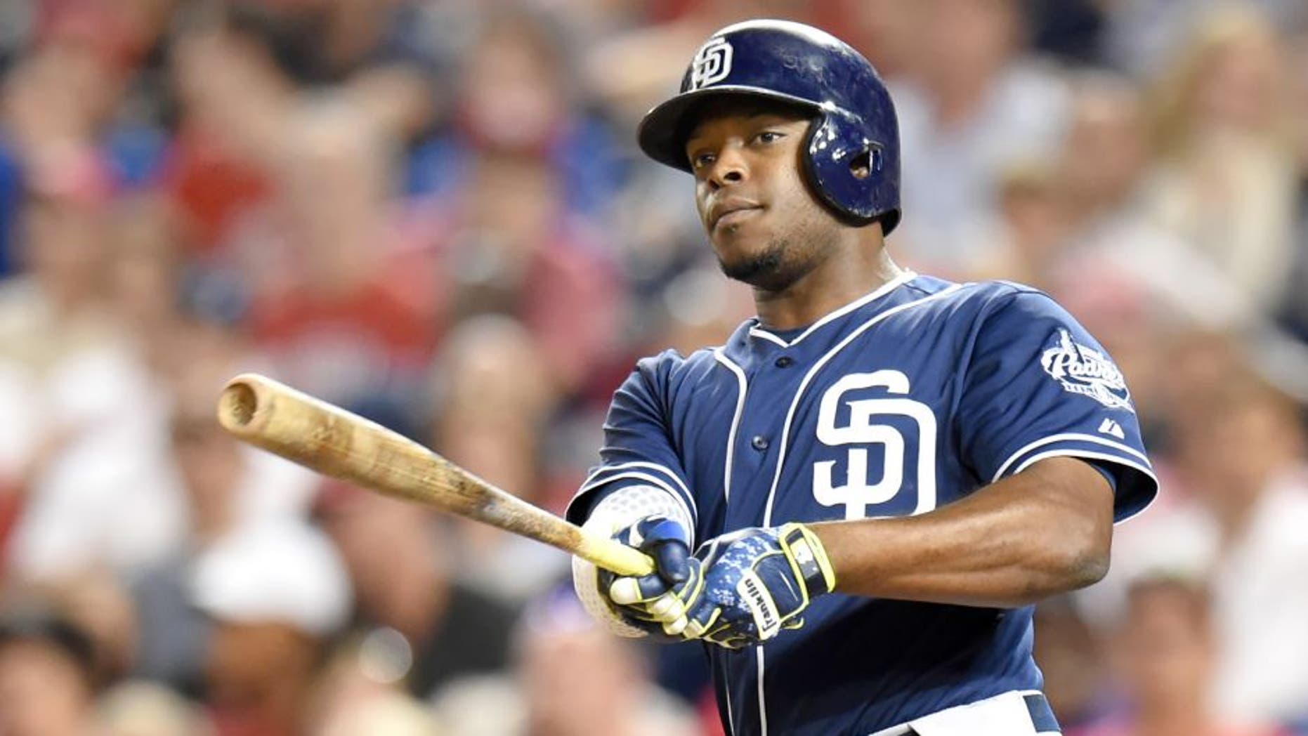 WASHINGTON, DC - AUGUST 26: Justin Upton #10 of the San Diego Padres takes a swing during a baseball game against the Washington Nationals at Nationals Park on August 26, 2015 in Washington, DC. The Padres won 6-5. (Photo by Mitchell Layton/Getty Images)