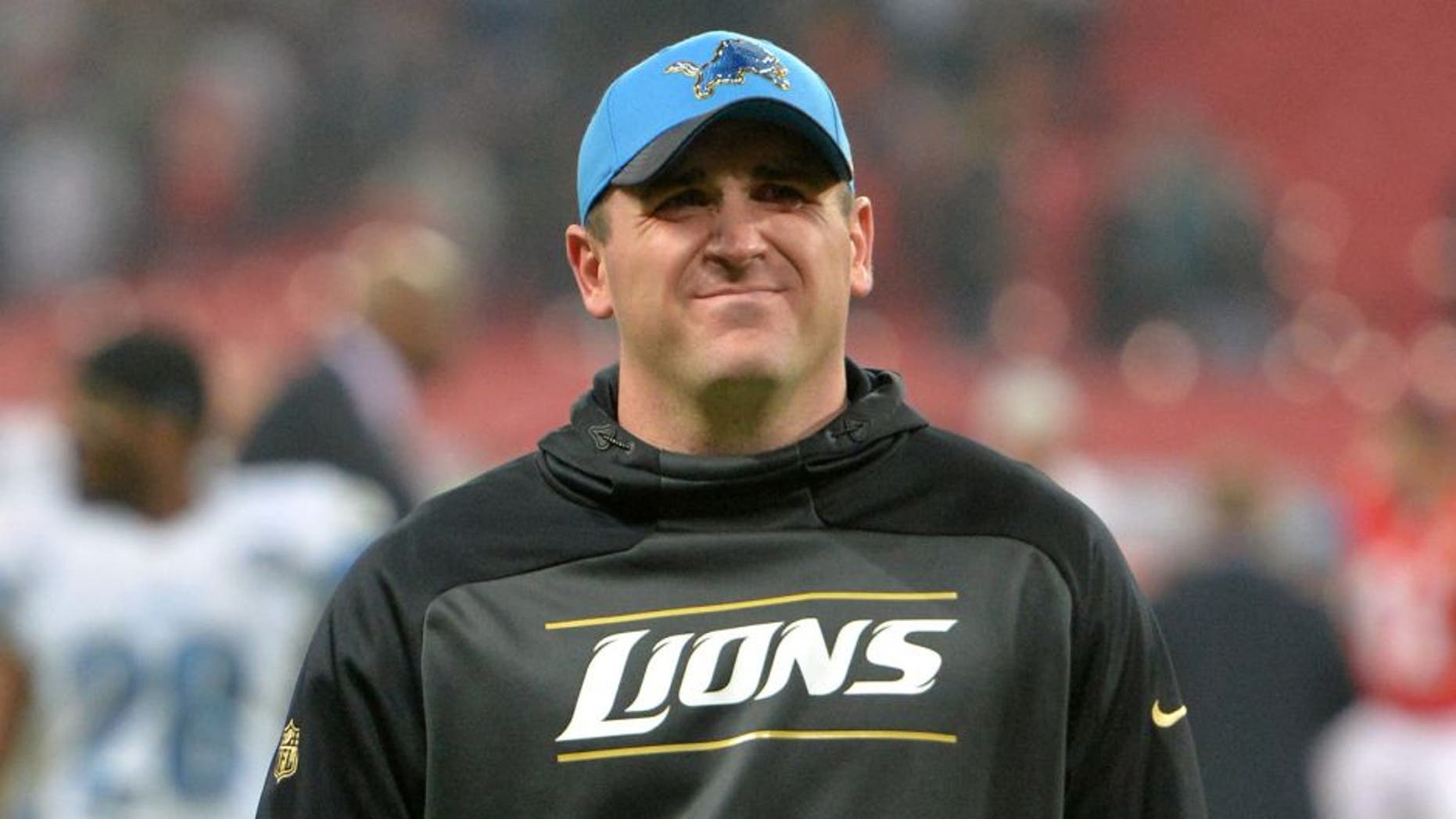 Nov 1, 2015; London, United Kingdom; Detroit Lions offensive coordinator Jim Bob Cooter walks off the field after a 45-10 loss against the Kansas City Chiefs during game 14 of the NFL International Series at Wembley Stadium. Mandatory Credit: Kirby Lee-USA TODAY Sports