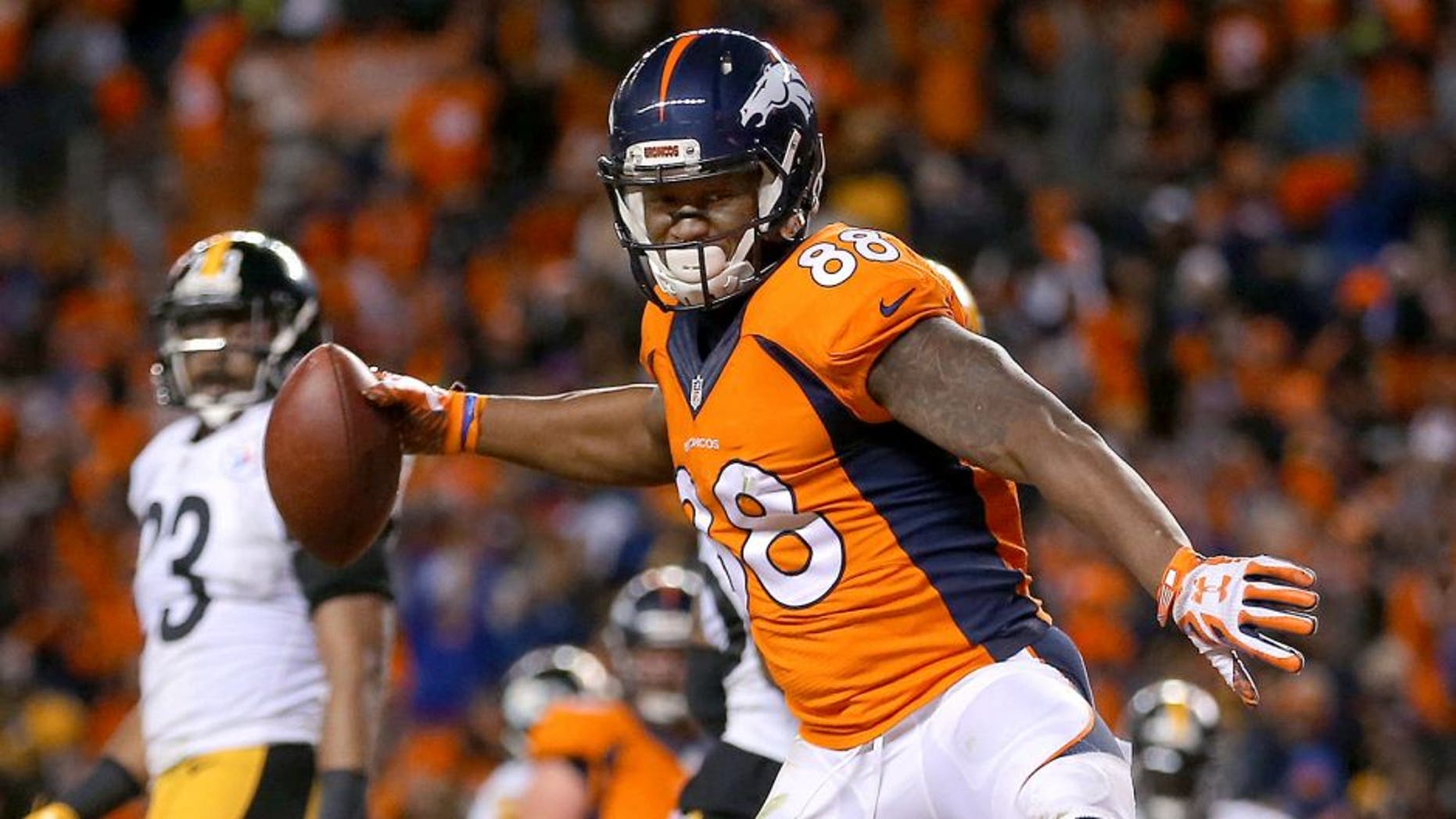 DENVER, CO - JANUARY 17: Demaryius Thomas #88 of the Denver Broncos celebrates after scoring the two point conversion in the fourth quarter against the Pittsburgh Steelers during the AFC Divisional Playoff Game at Sports Authority Field at Mile High on January 17, 2016 in Denver, Colorado. (Photo by Justin Edmonds/Getty Images)