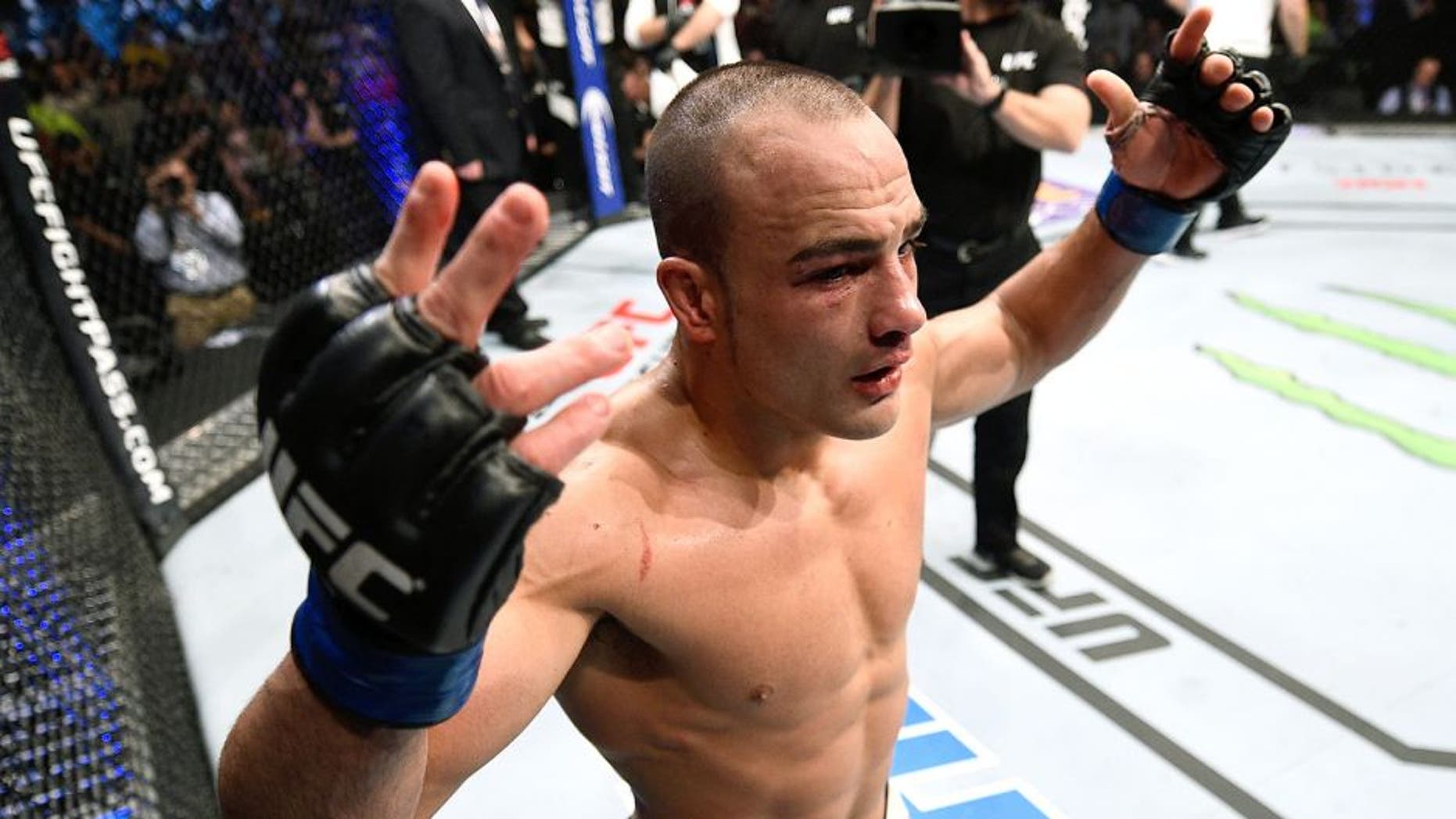 BOSTON, MA - JANUARY 17: Eddie Alvarez reacts after the conclusion of his lightweight bout against Anthony Pettis during the UFC Fight Night event inside TD Garden on January 17, 2016 in Boston, Massachusetts. (Photo by Jeff Bottari/Zuffa LLC/Zuffa LLC via Getty Images)