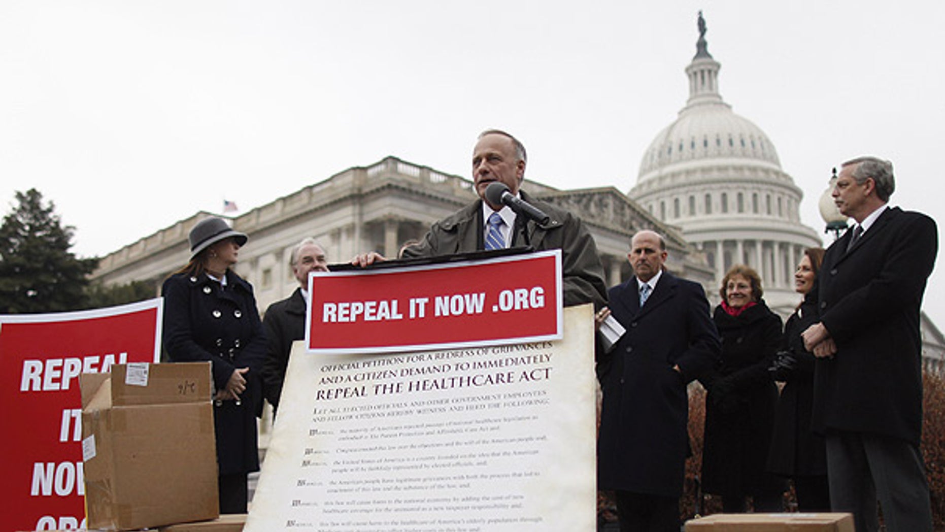 Jan. 18: Rep. Steve King, R-Iowa, speaks after accepting delivery of signed petitions demanding the repeal of 'ObamaCare' in Washington.