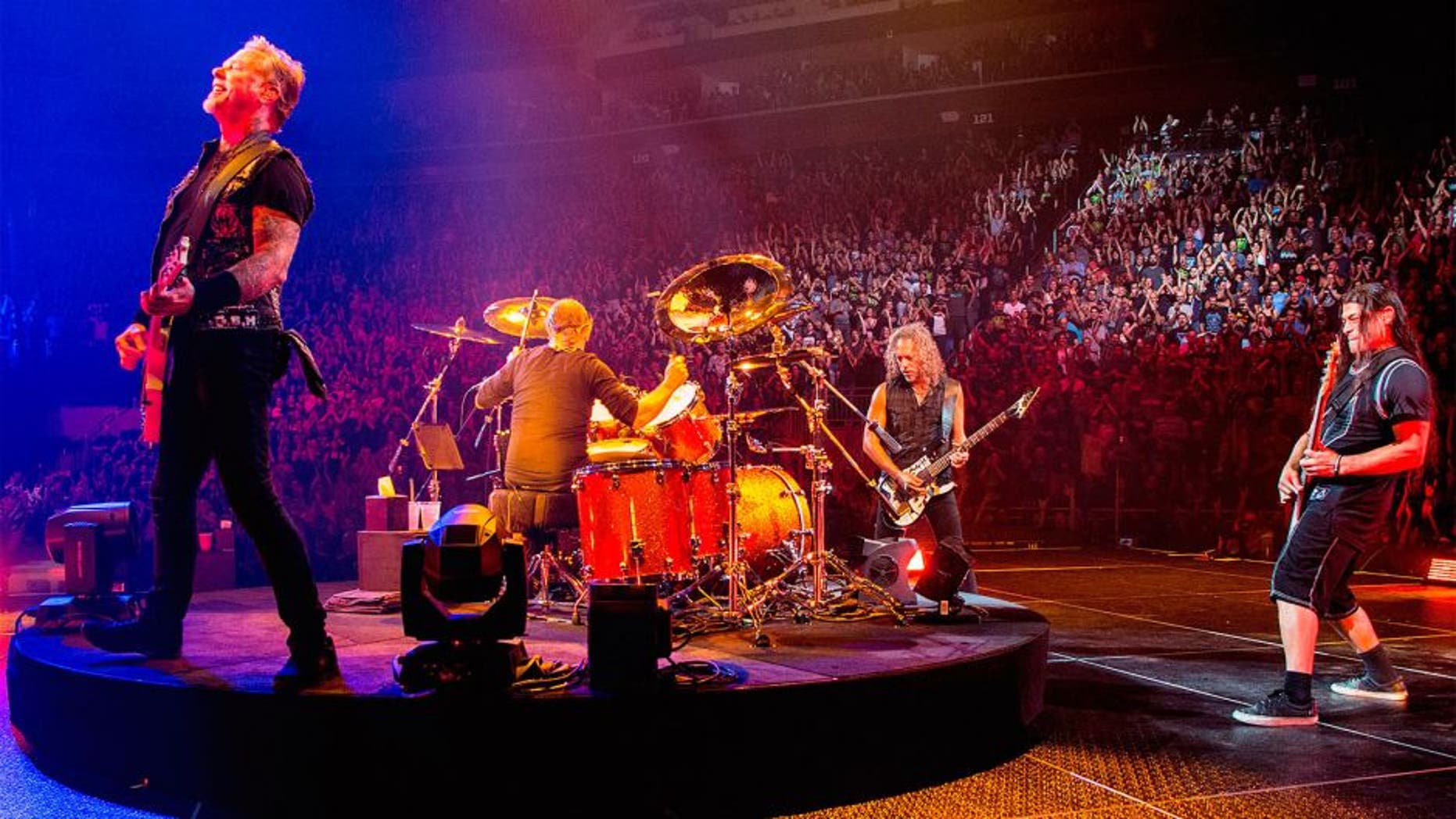 QUEBEC CITY, CANADA - SEPTEMBER 16: (L to R) James Hetfield, Lars Ulrich, Kirk Hammett, and Robert Trujillo of Metallica performing at Centre Videotron on September 16, 2015 in Quebec City, Canada. (Photo by Jeff Yeager/Michael Ochs Archives/Getty Images)