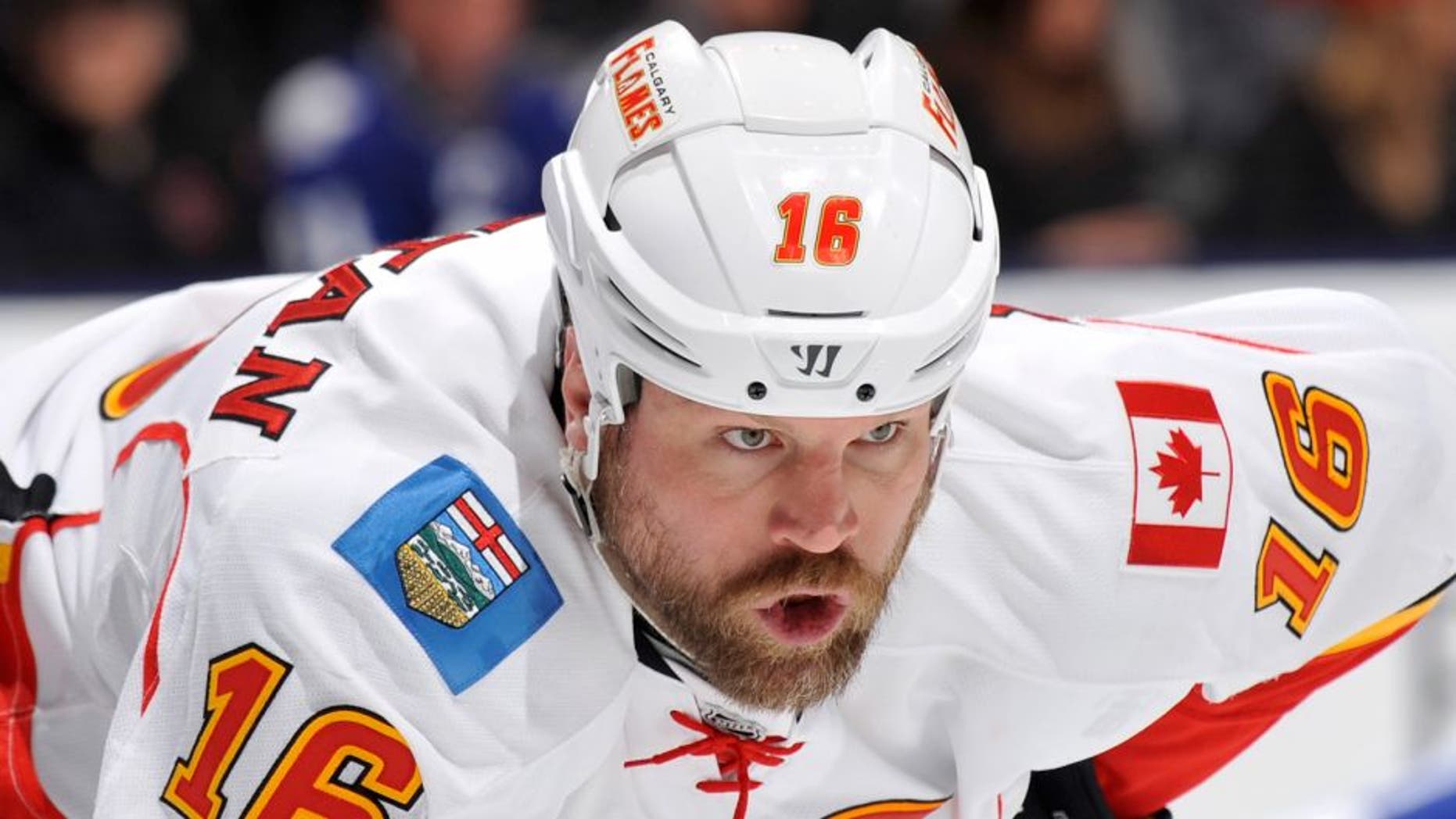 TORONTO, ON - APRIL 1: Brian McGrattan #16 of the Calgary Flames looks on during NHL game action against the Toronto Maple Leafs April 1, 2014 at the Air Canada Centre in Toronto, Ontario, Canada. (Photo by Graig Abel/NHLI via Getty Images)