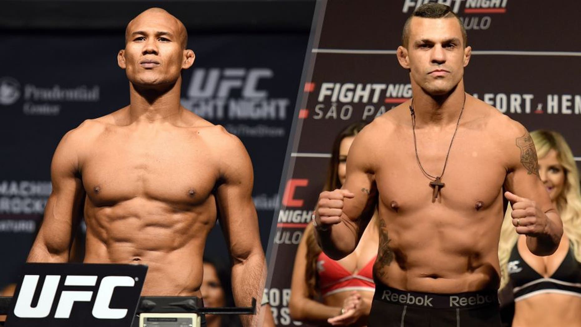 NEWARK, NJ - APRIL 17: Ronaldo 'Jacare' Souza of Brazil steps on the scale during the UFC Fight Night weigh-in event at the Prudential Center on April 17, 2015 in Newark, New Jersey. (Photo by Jeff Bottari/Zuffa LLC/Zuffa LLC via Getty Images) SAO PAULO, BRAZIL - NOVEMBER 06: Vitor Belfort of Brazil weighs in during the UFC Fight Night weigh-in at Ibirapuera Gymnasium on November 06, 2015 in Sao Paulo, Brazil. (Photo by Buda Mendes/Zuffa LLC/Zuffa LLC via Getty Images)