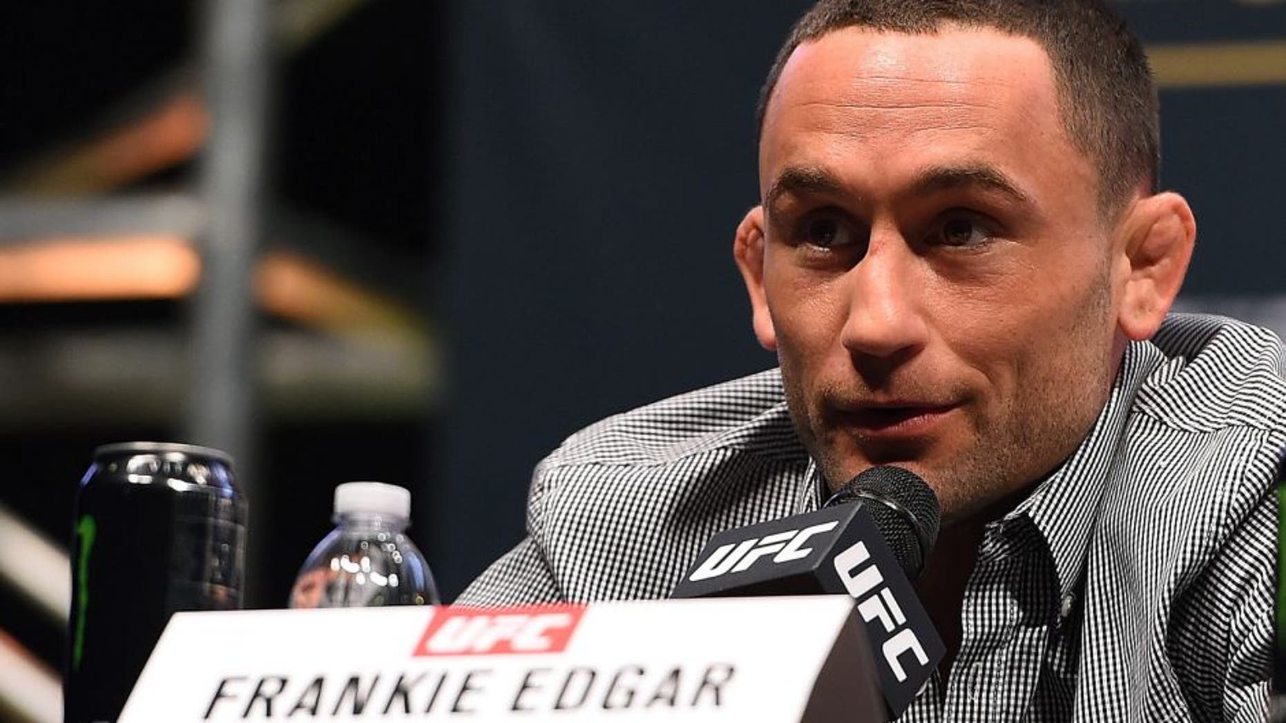 LAS VEGAS, NV - DECEMBER 09: Frankie Edgar interacts with media during the UFC Press Conference inside MGM Grand Garden Arena on December 9, 2015 in Las Vegas, Nevada. (Photo by Josh Hedges/Zuffa LLC/Zuffa LLC via Getty Images)