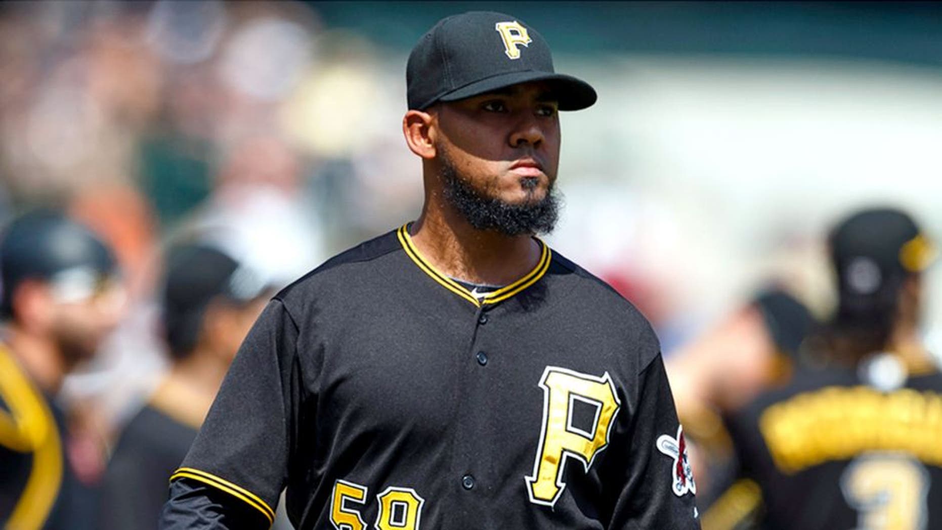 Jul 2, 2015; Detroit, MI, USA; Pittsburgh Pirates relief pitcher Antonio Bastardo (59) walks off the field after being relieved in the eighth inning against the Detroit Tigers at Comerica Park. Mandatory Credit: Rick Osentoski-USA TODAY Sports