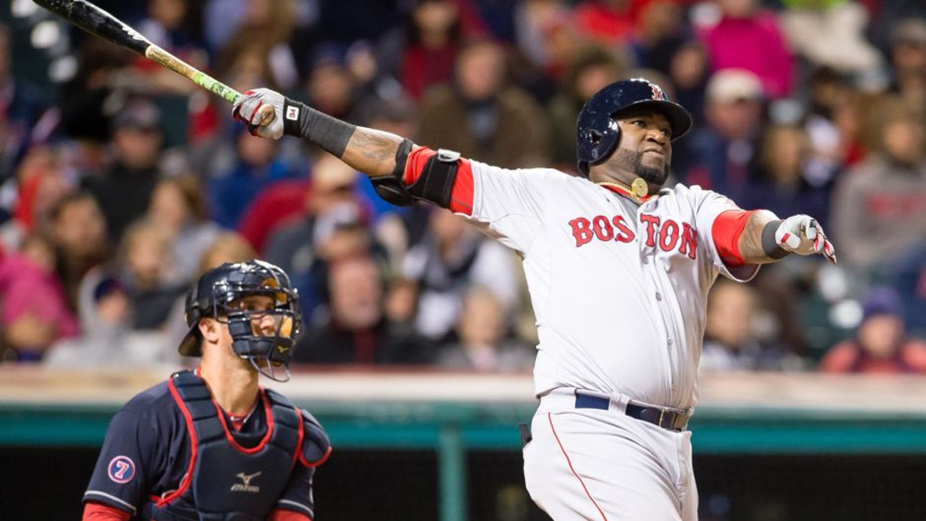 CLEVELAND, OH - OCTOBER 2: David Ortiz #34 of the Boston Red Sox hits a two run home run during the fourth inning against the Cleveland Indians at Progressive Field on October 2, 2015 in Cleveland, Ohio. (Photo by Jason Miller/Getty Images)