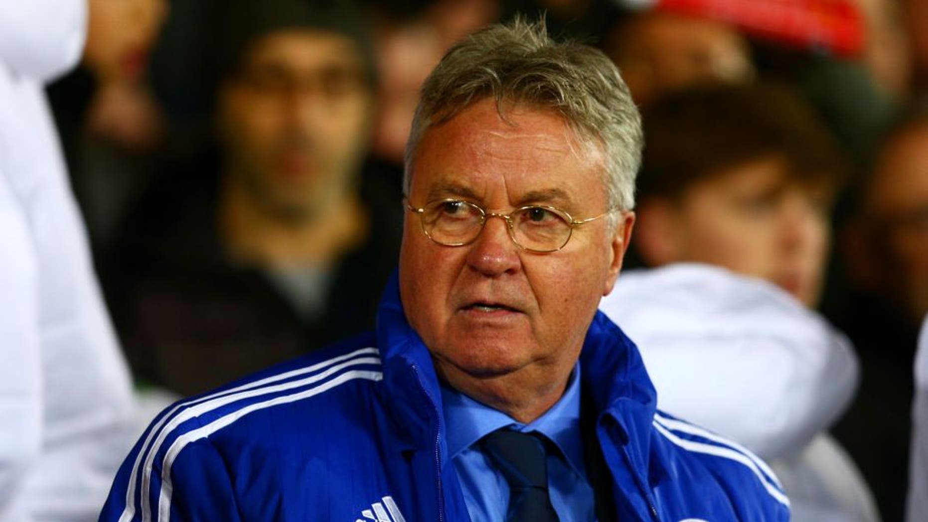MANCHESTER, ENGLAND - DECEMBER 28: Guus Hiddink, manager of Chelsea looks on before the Barclays Premier League match between Manchester United and Chelsea at Old Trafford on December 28, 2015 in Manchester, England. (Photo by Clive Mason/Getty Images)