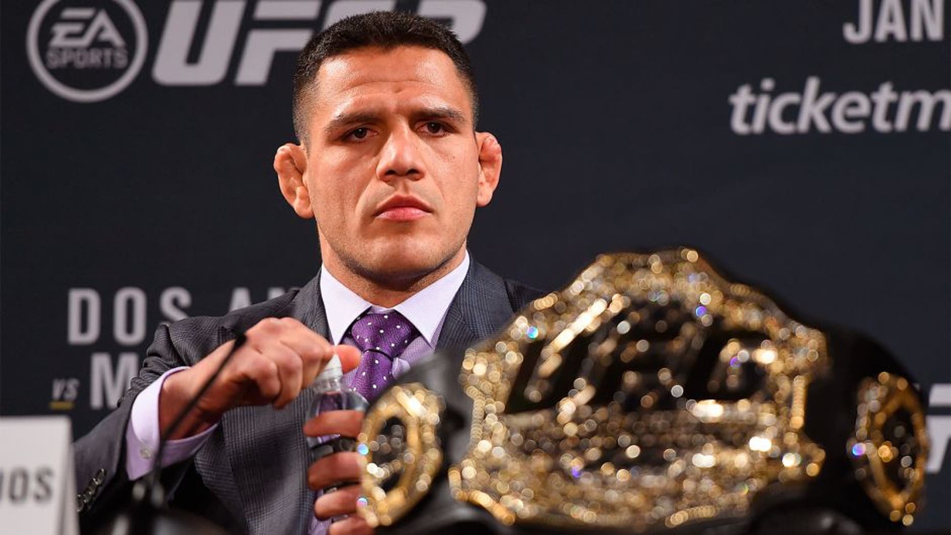 LAS VEGAS, NV - JANUARY 20: UFC lightweight champion Rafael dos Anjos of Brazil interacts with media during the UFC 197 on-sale press conference event inside MGM Grand Hotel & Casino on January 20, 2016 in Las Vegas, Nevada. (Photo by Jeff Bottari/Zuffa LLC/Zuffa LLC via Getty Images)