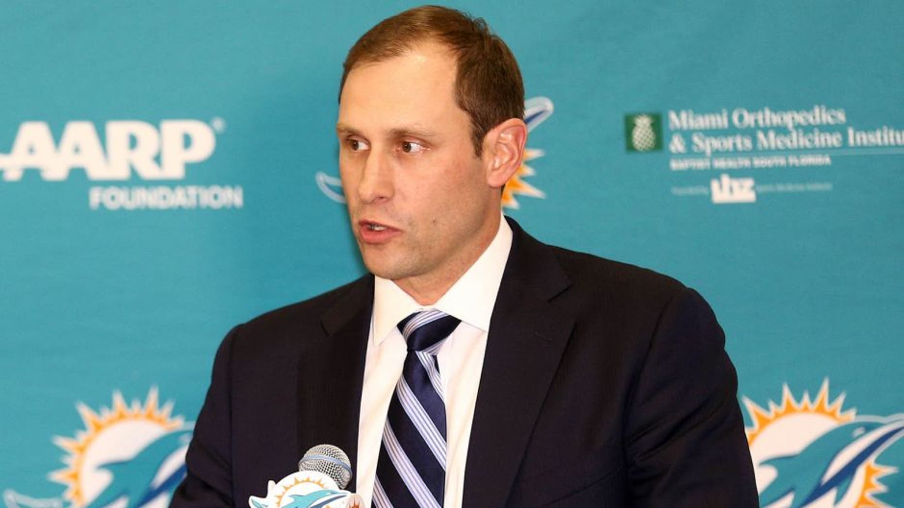 Jan 9, 2016; Davie, FL, USA; Miami Dolphins head coach Adam Gase addresses reporters during a press conference at Doctors Hospital Training Facility. Mandatory Credit: Steve Mitchell-USA TODAY Sports