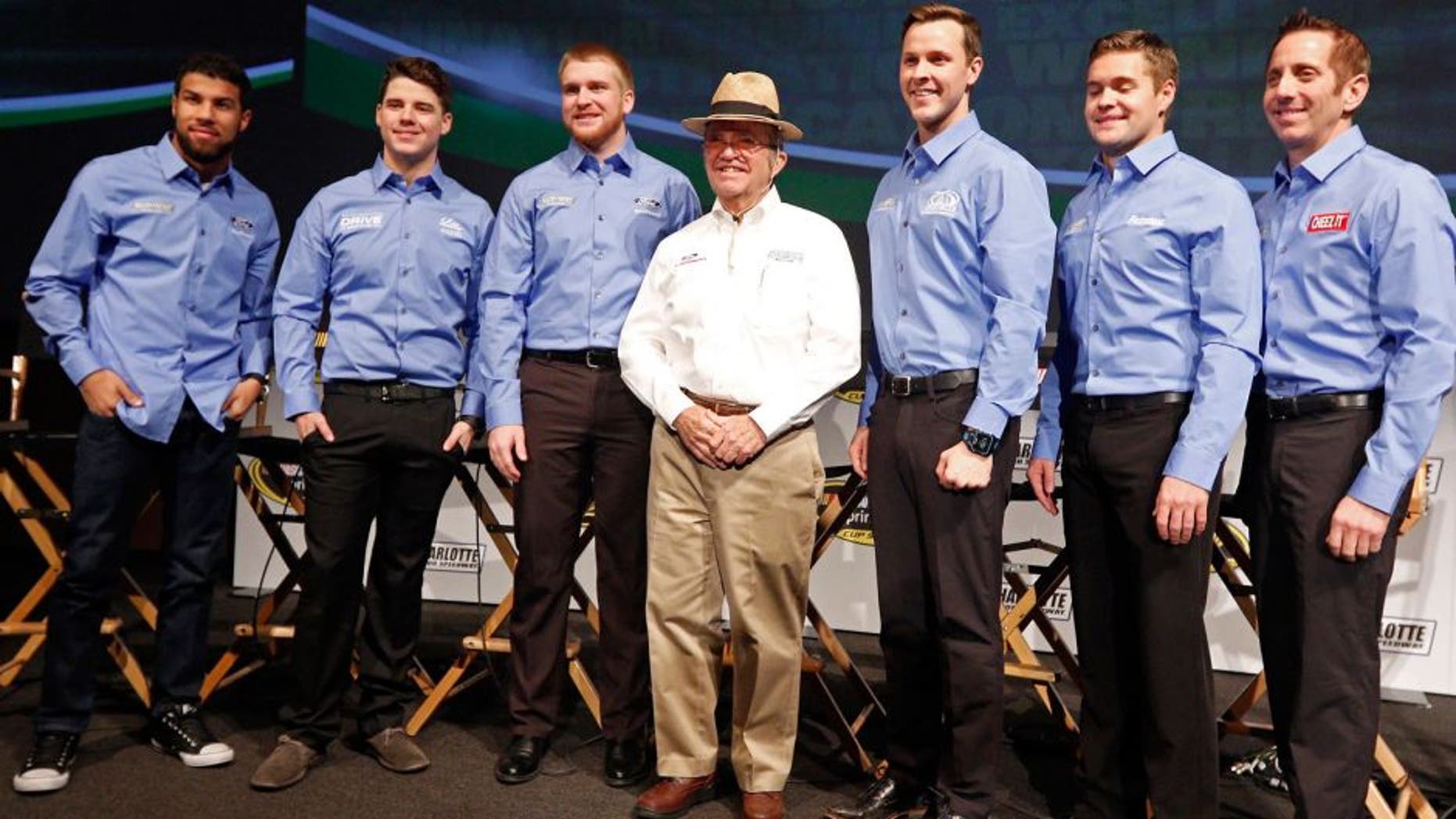 CHARLOTTE, NC - JANUARY 20: The Roush Fenway racing team stands for a photo with owner Jack Roush in the middle during the second day of the NASCAR 2016 Charlotte Motor Speedway Media Tour on January 20, 2016 in Charlotte, North Carolina. (Photo by Bob Leverone/NASCAR via Getty Images)