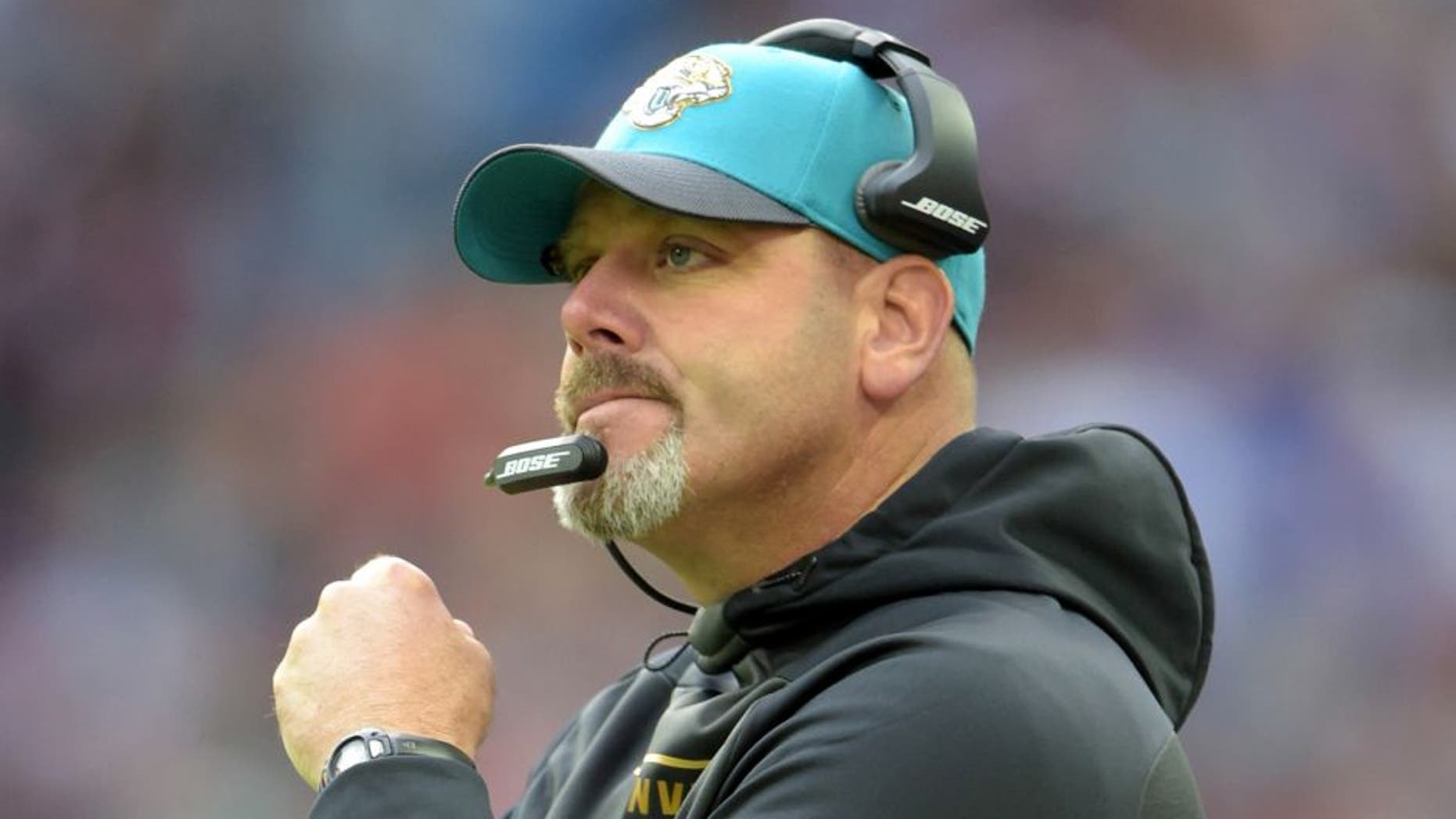 Oct 25, 2015; London, United Kingdom; Jacksonville Jaguars defensive line coach Todd Wash reacts during 34-31 victory against the Buffalo Bills during NFL International Series game at Wembley Stadium. Mandatory Credit: Kirby Lee-USA TODAY Sports