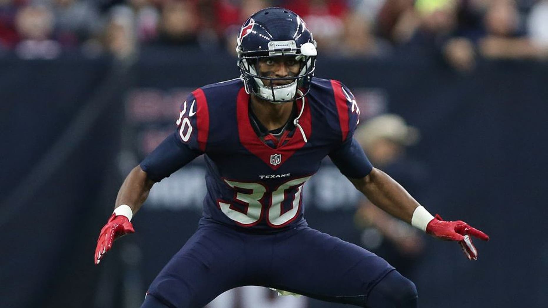 Nov 29, 2015; Houston, TX, USA; Houston Texans strong safety Kevin Johnson (30) in action during a game against the New Orleans Saints at NRG Stadium. Mandatory Credit: Troy Taormina-USA TODAY Sports